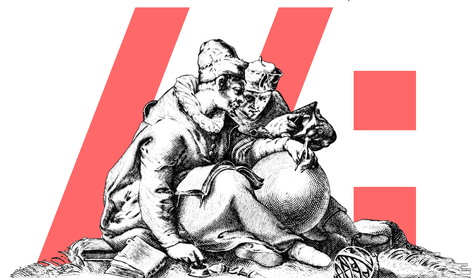 two men designing a globe with Web slash slash colon