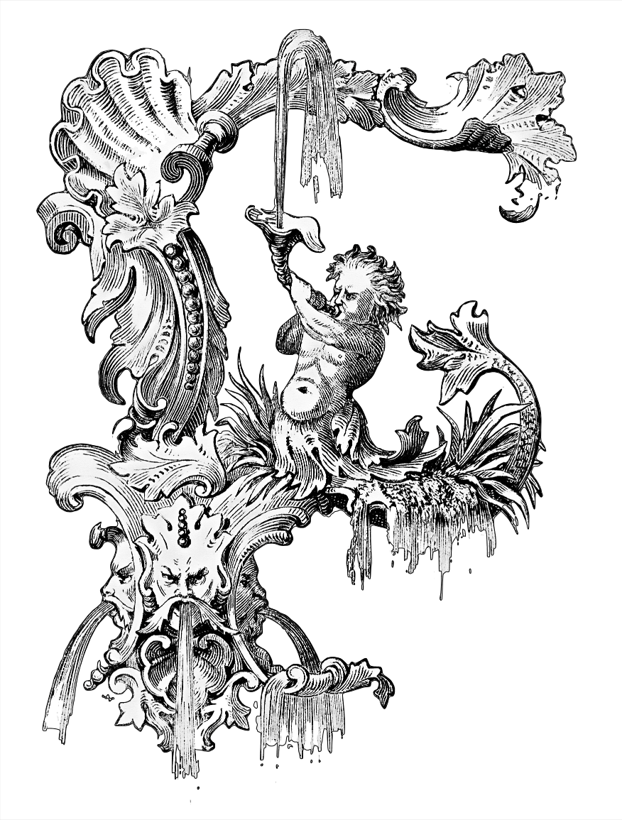 Capital F (Letter) with an illustration showing a fountain