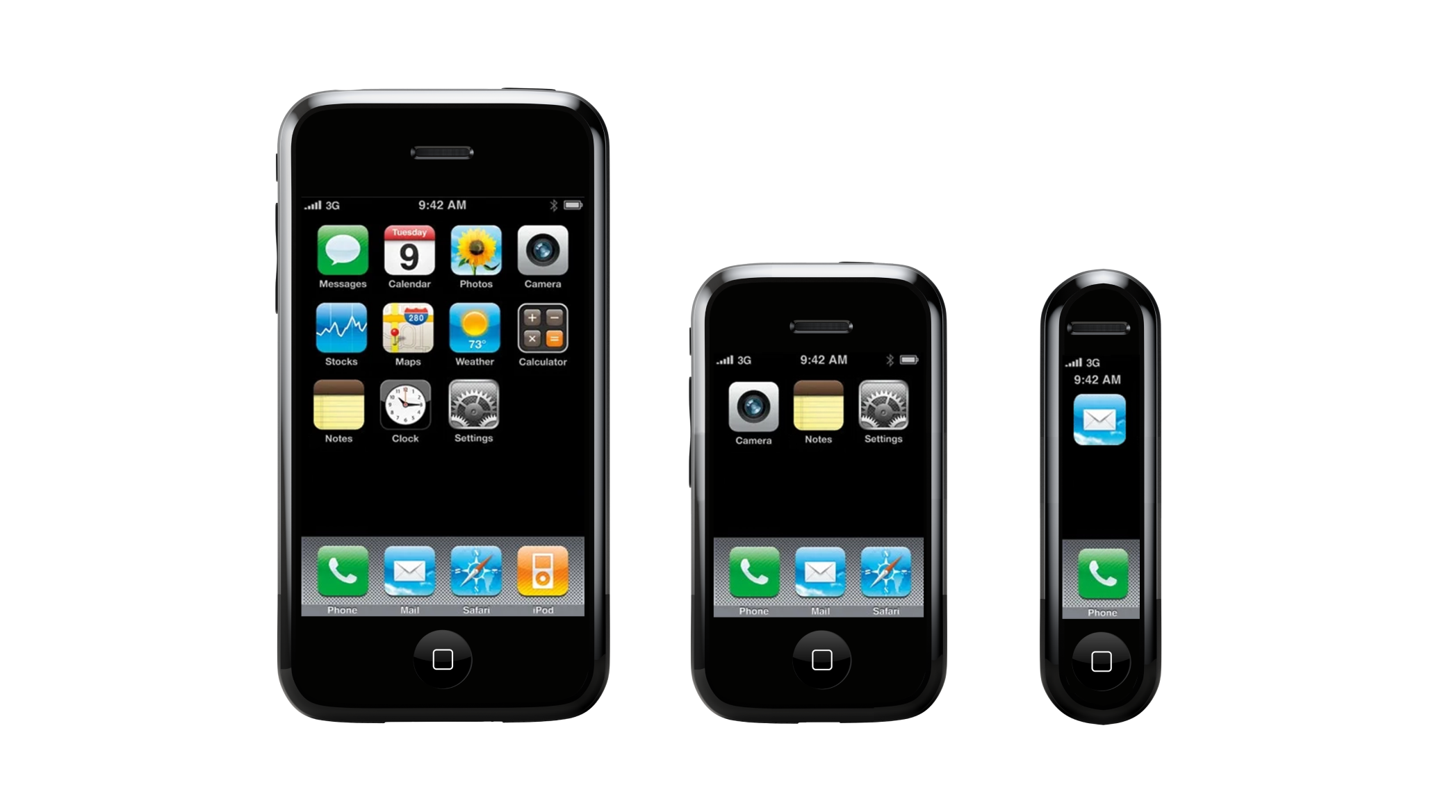 Side by side: the iPhone, iPhone nano, and iPhone Shuffle, each displaying the same home screen.