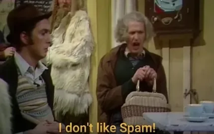 A screenshot from the Spam sketch of the comedians Monthy Python.