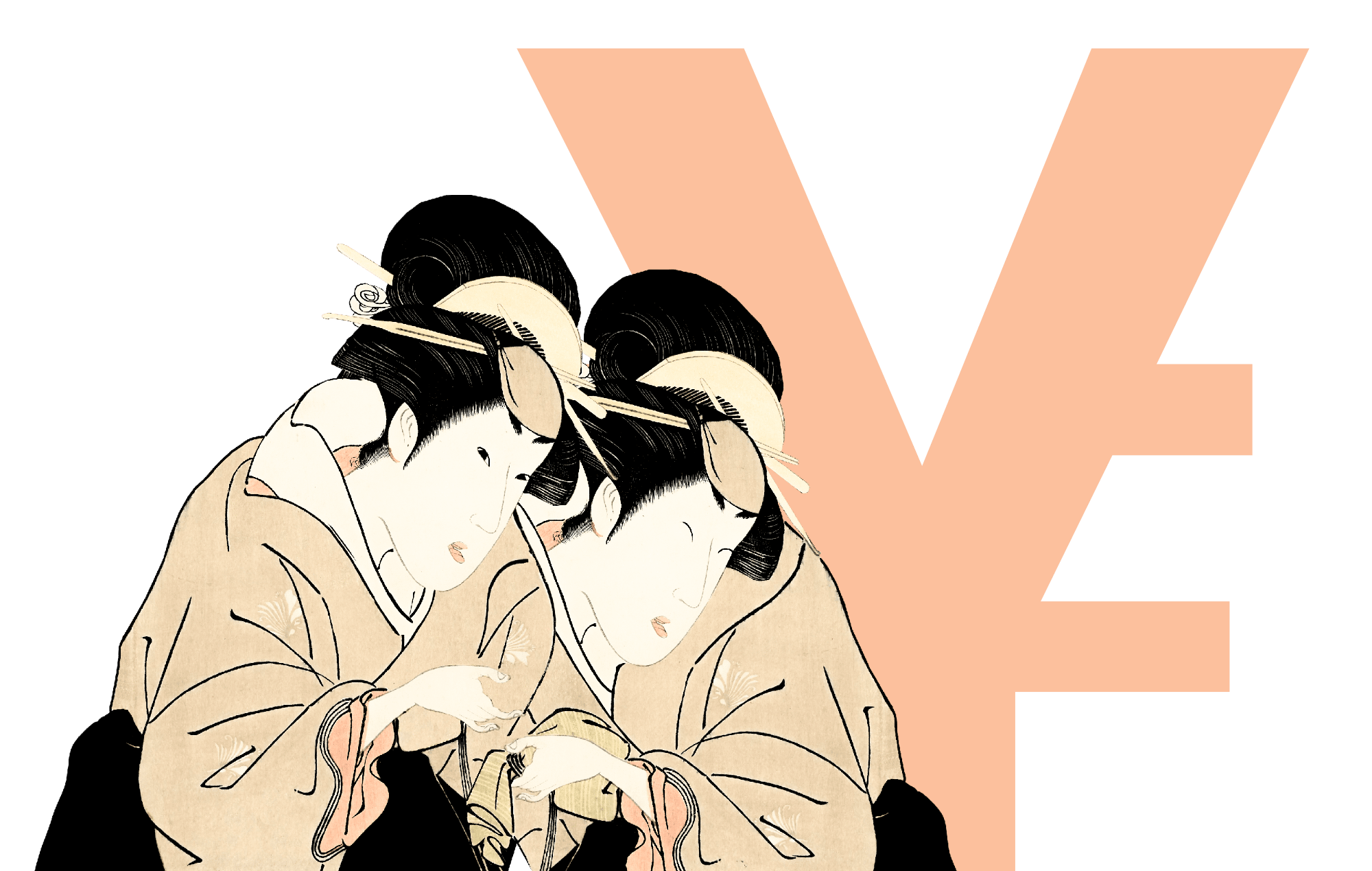 Japanese women exchanging money for information Yen sign