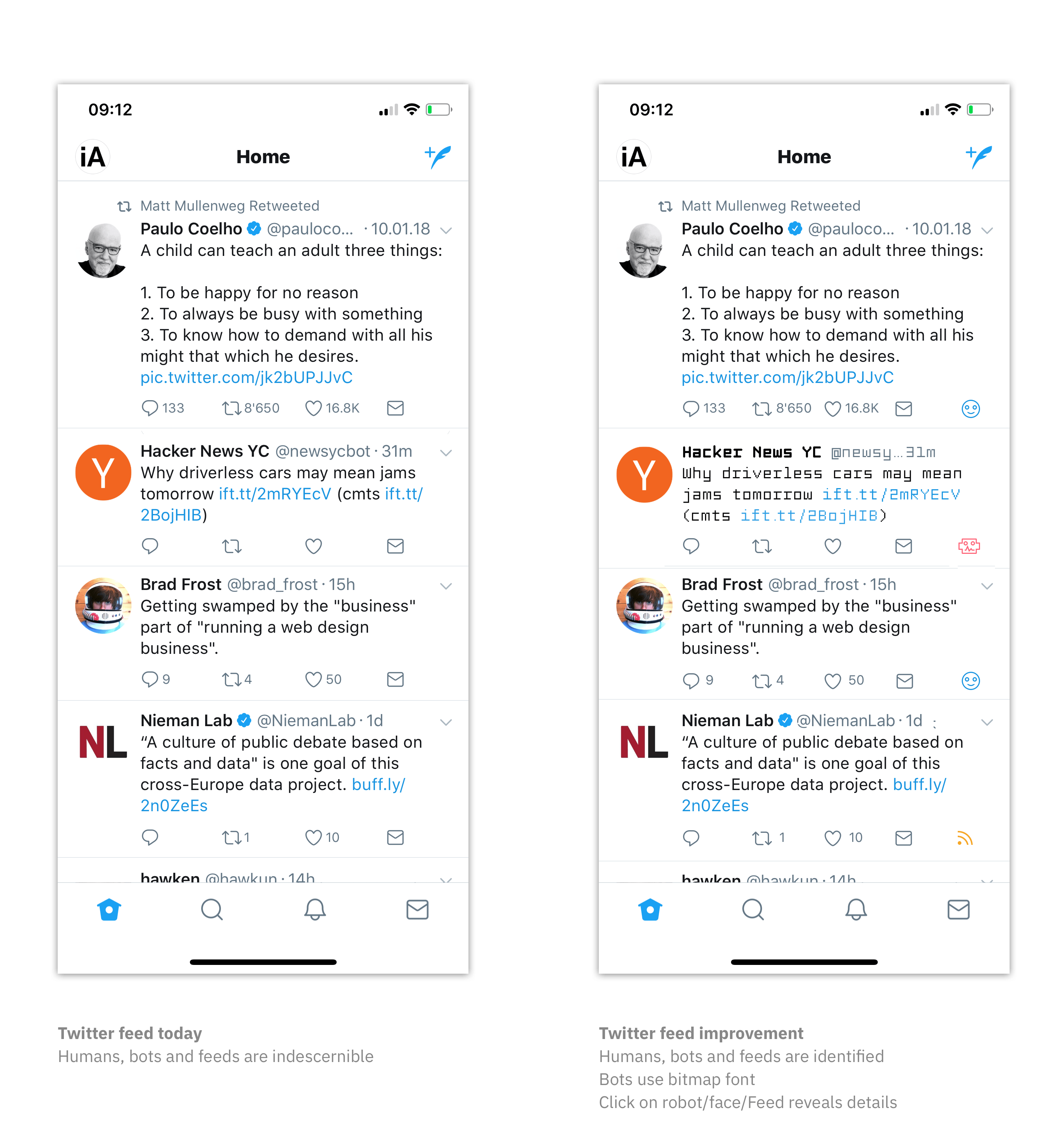 Twitter feed today vs Twitter Fed optimised for quick bot identification