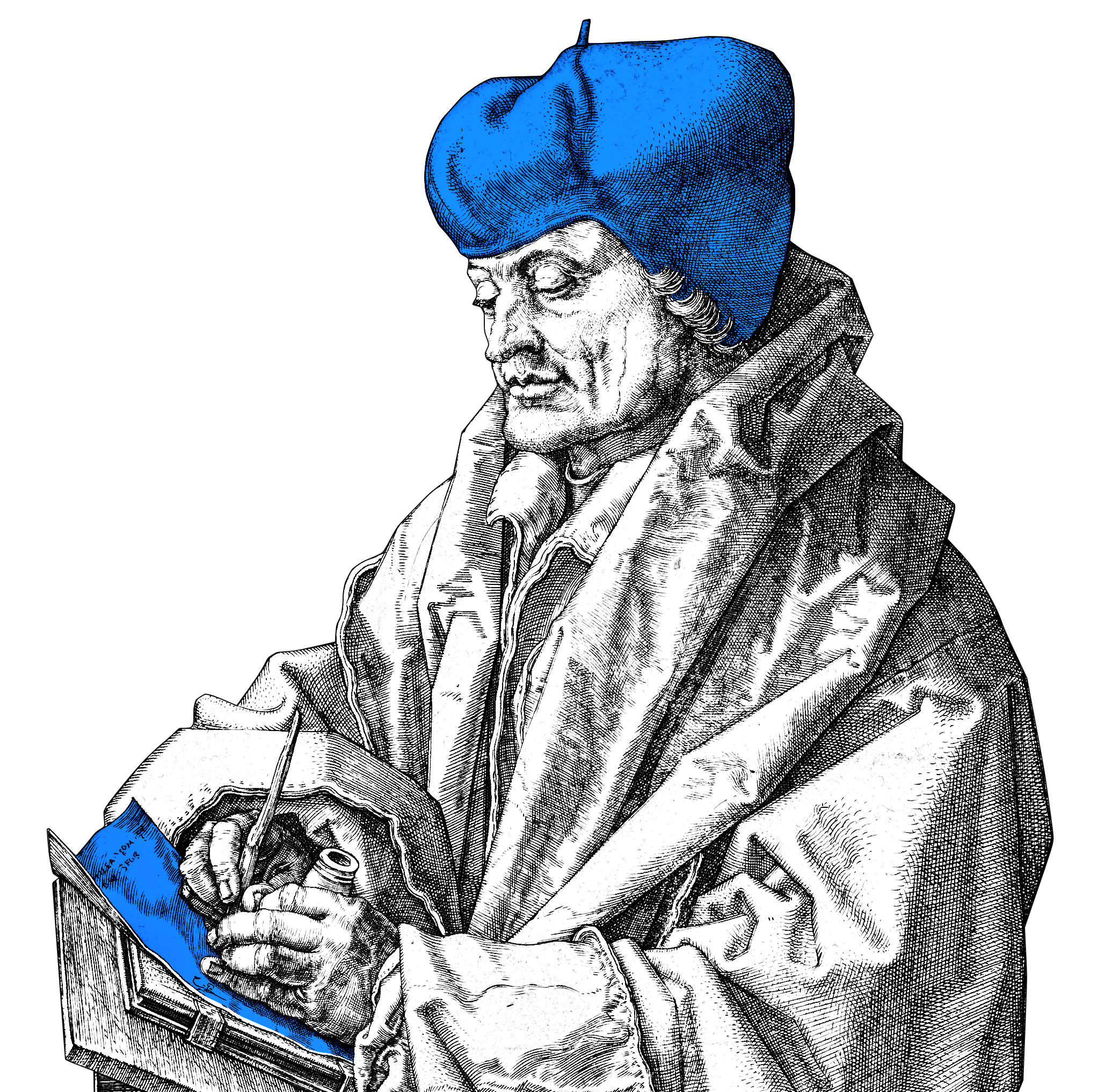 Erasmus with Blue hat and blue Paper, by Albrecht Duerrer