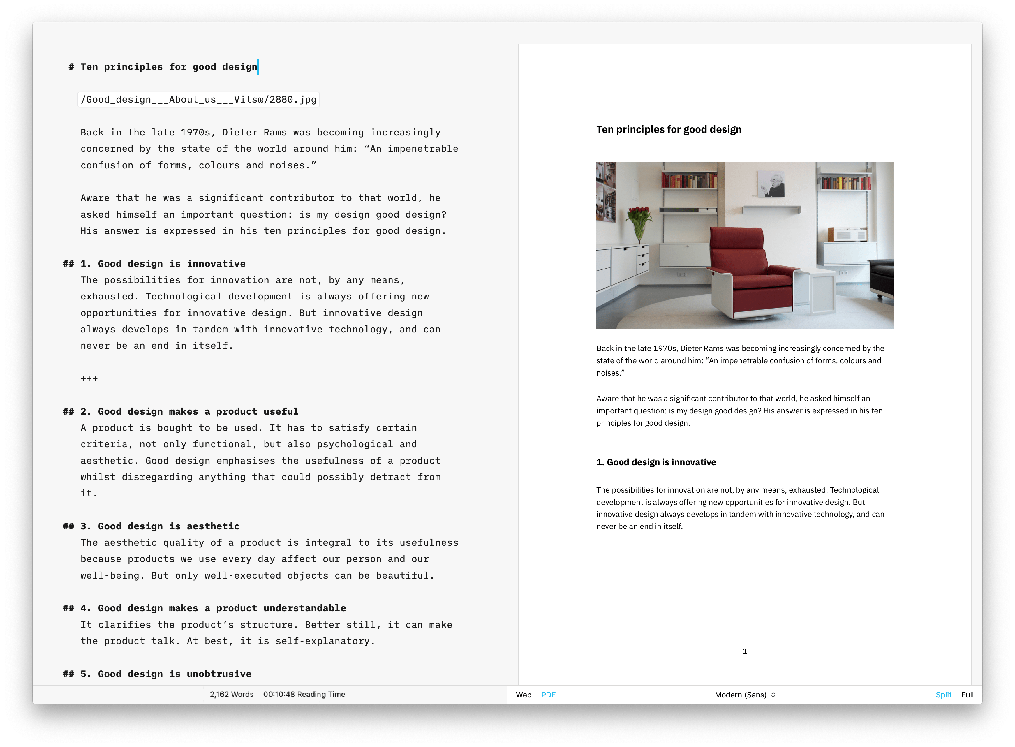 Screenshot of iA Writer 5.5 with the Editor and Preview opened