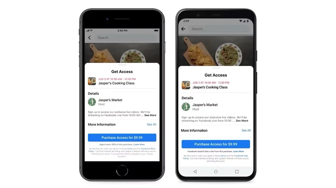 Screenshots of iPhone open on paid events on Facebook 