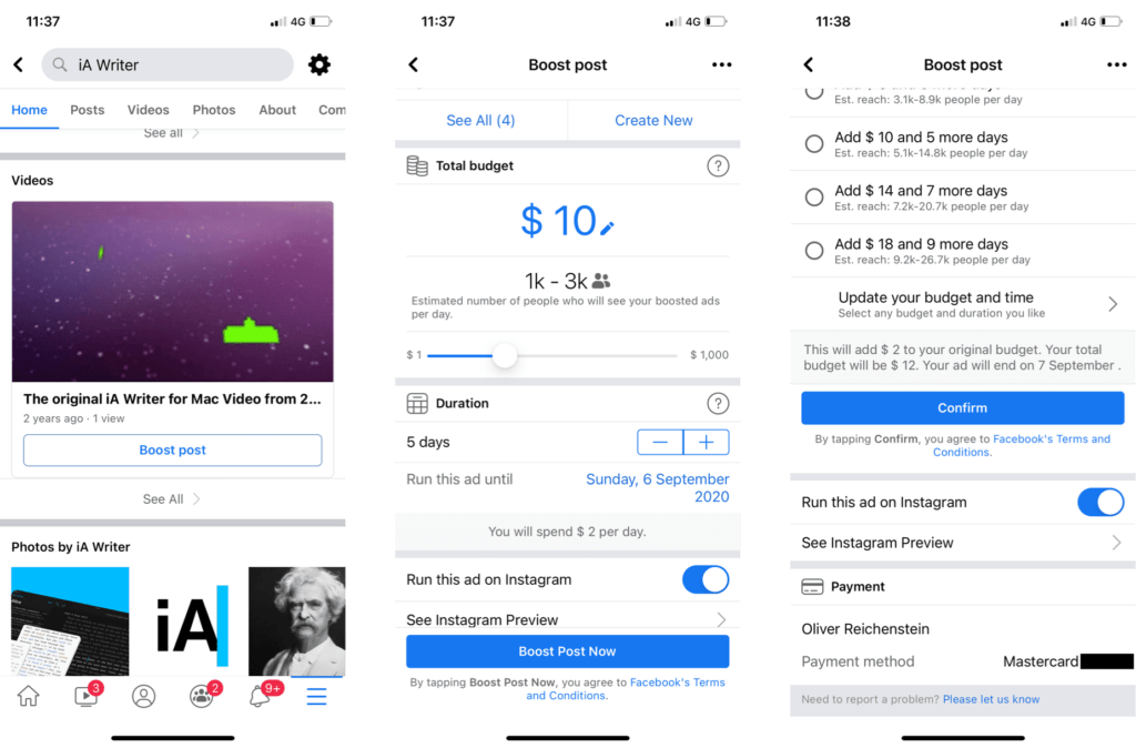 Screenshots of 3 iOS devices showing the steps to do paid marketing on Facebook.