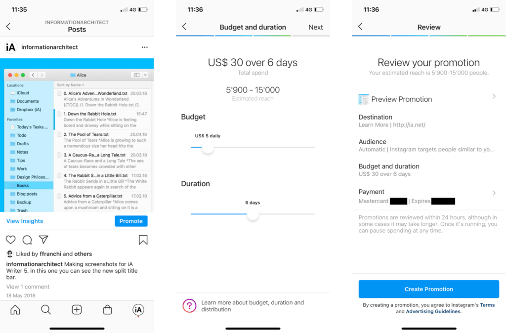 Screenshots of 3 iOS devices showing the steps to do paid marketing on Instagram.
