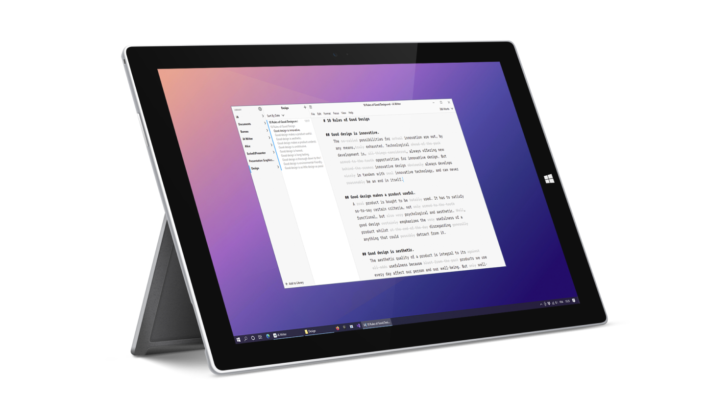 iA Writer open with Style Check enabled on a Windows tablet