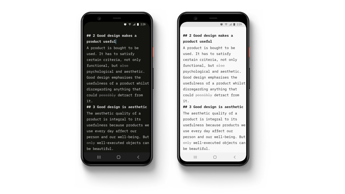 Photos of two Android phones showing iA Writer in Light and Dark modes with Style Check