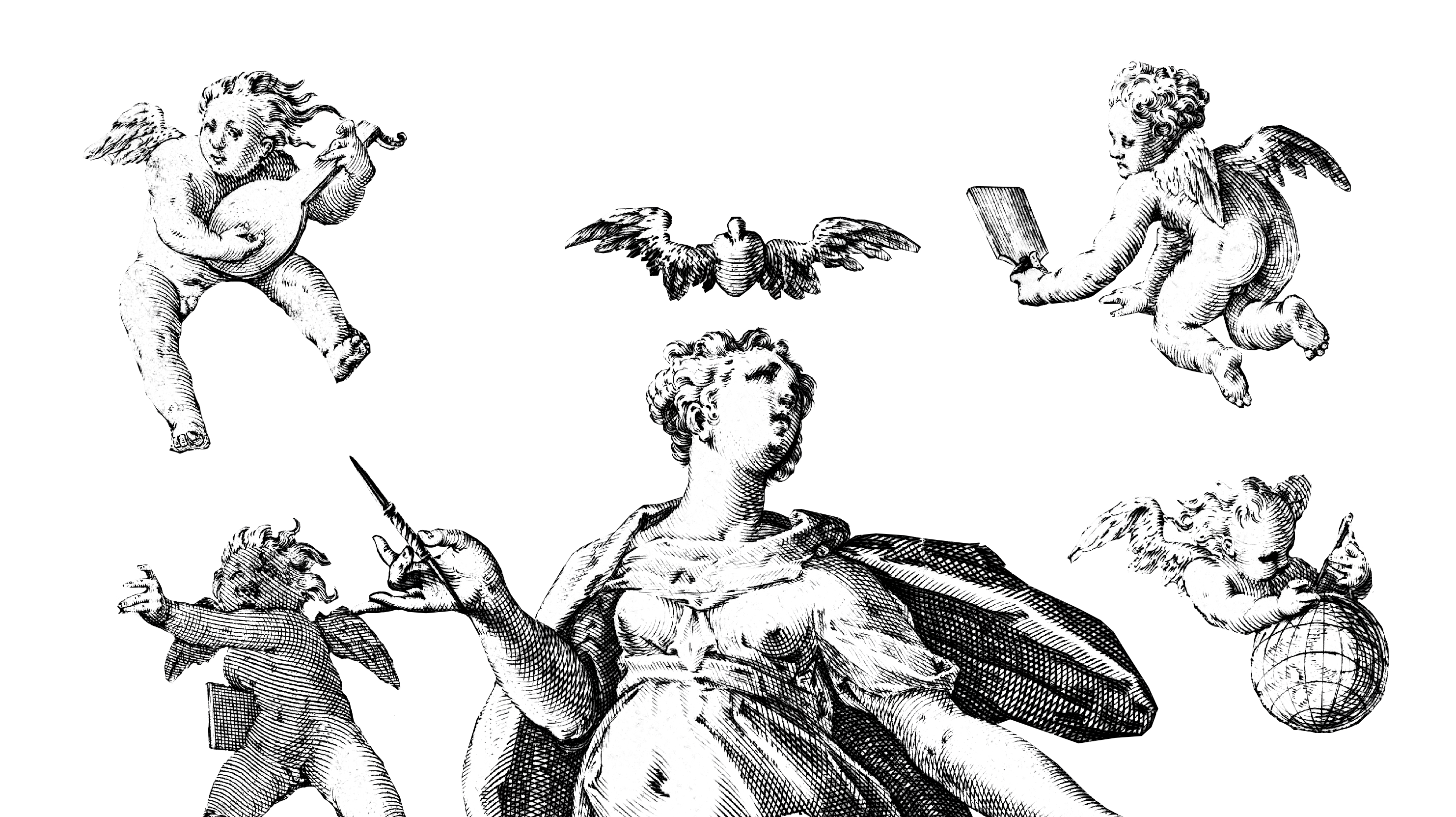 Writing woman distracted by angels