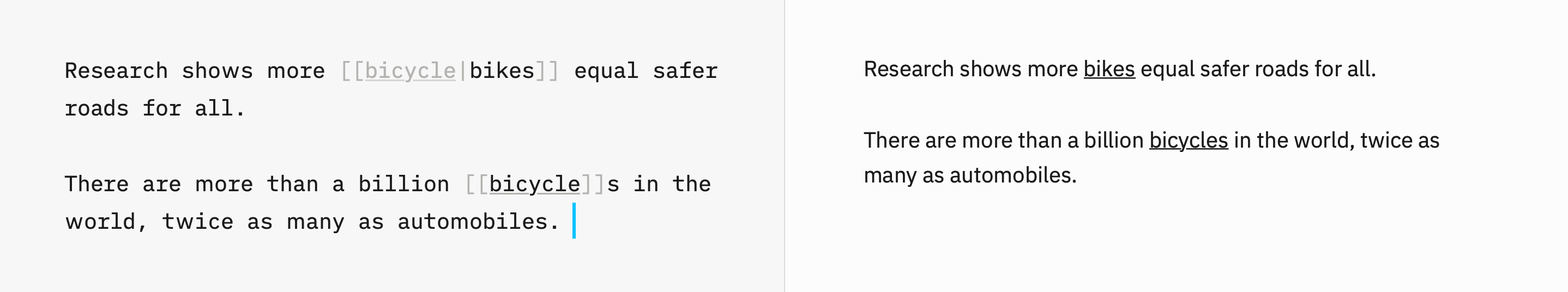 Side by side screenshot of wikilinks in the Editor and in Preview.