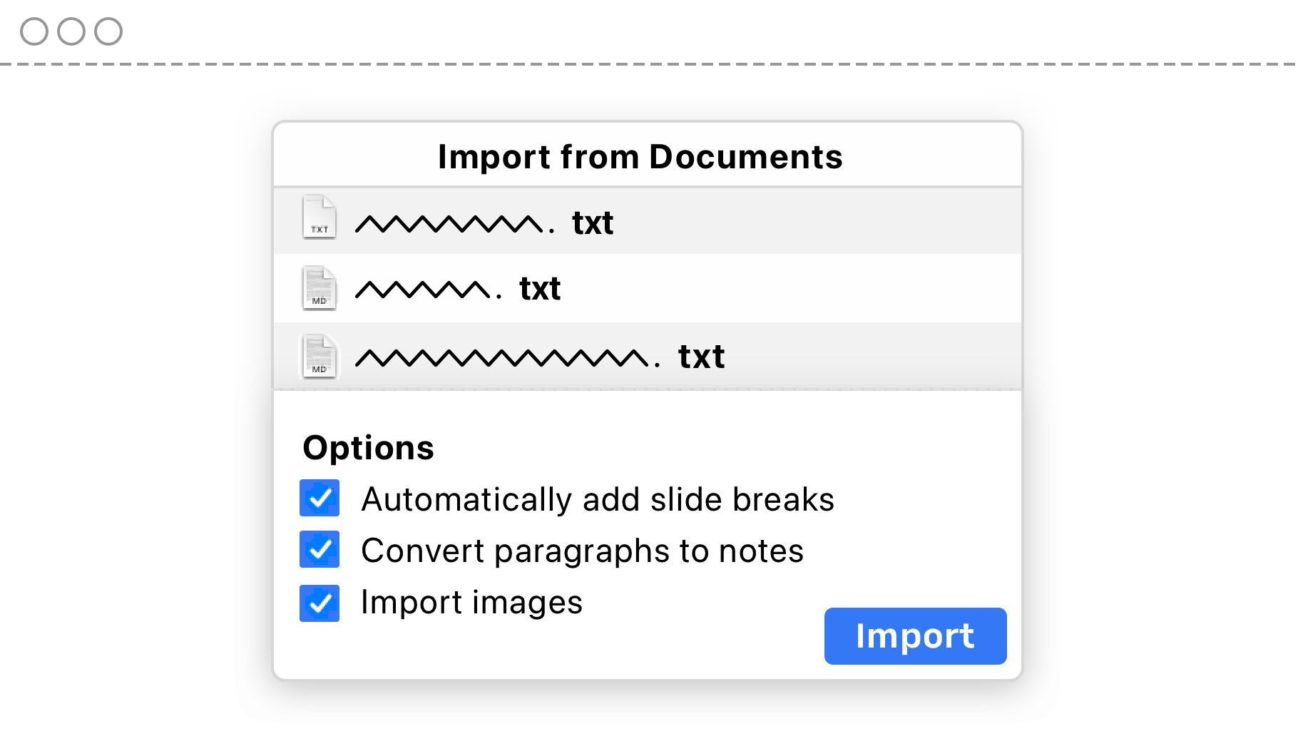 illustration of the import dialog in iA Presenter