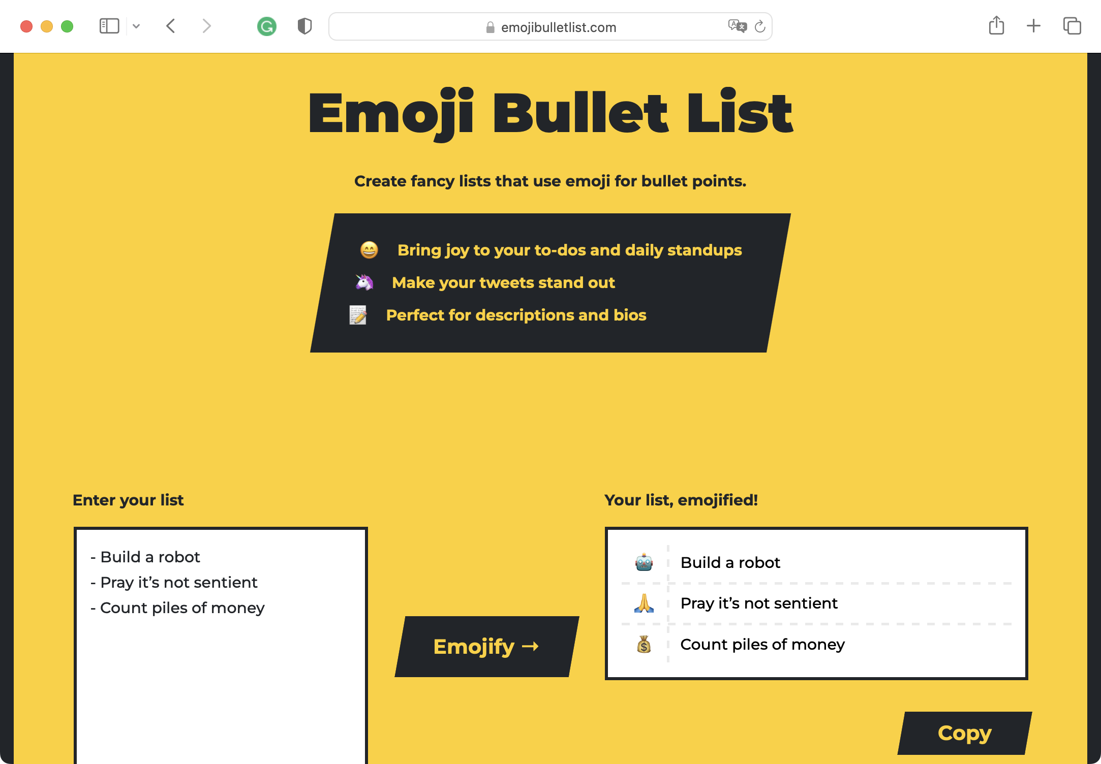 screenshot of https://emojibulletlist.com/ webpage