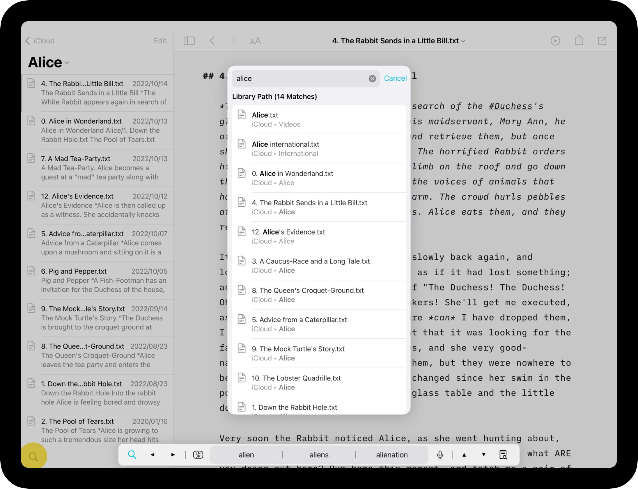 A screenshot of a pop-up menu opened from the Search icon on the bottom-left in the Library.