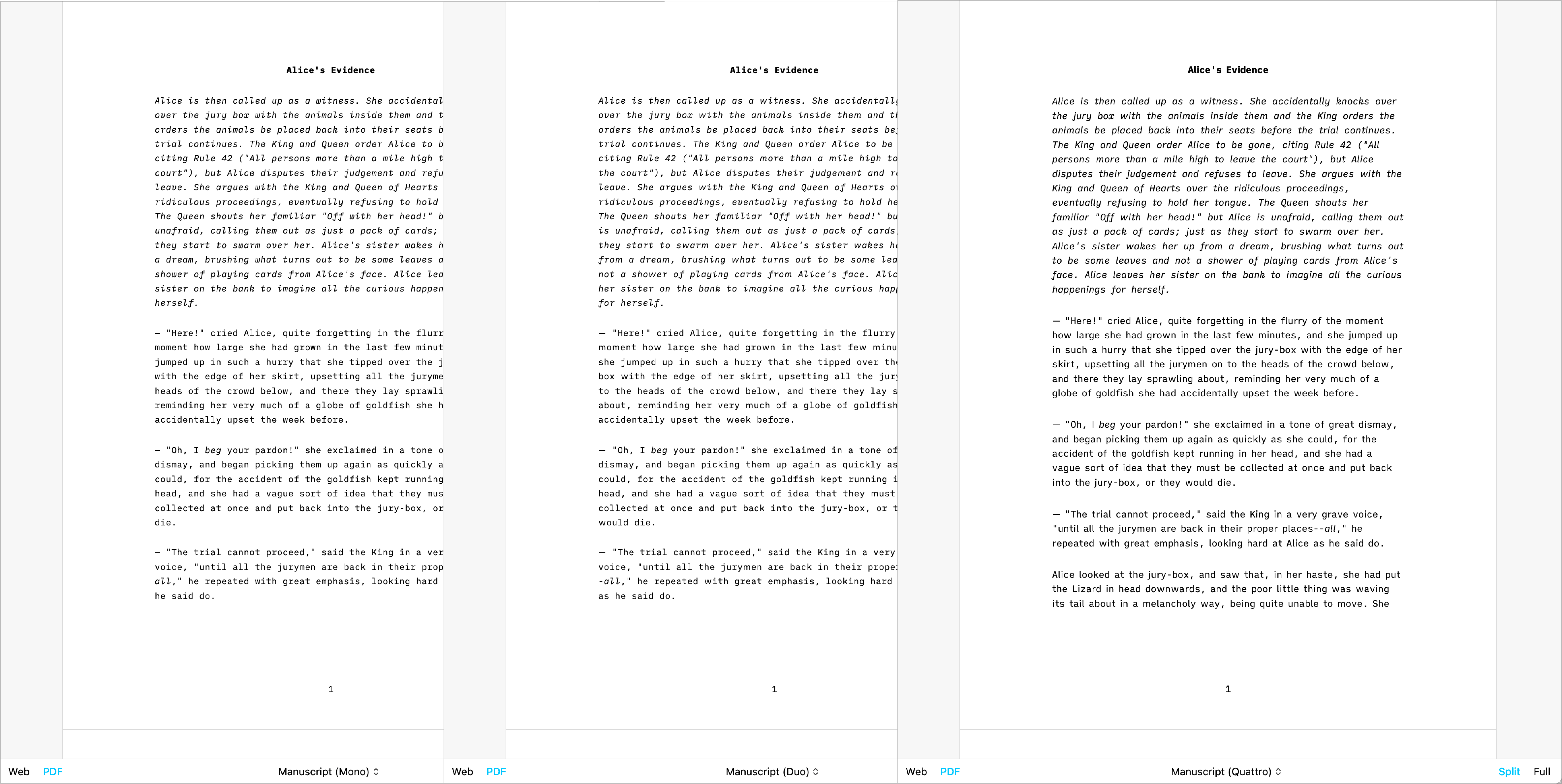A screenshot of side-by-side Preview with the Mono, Duo and Quattro templates.