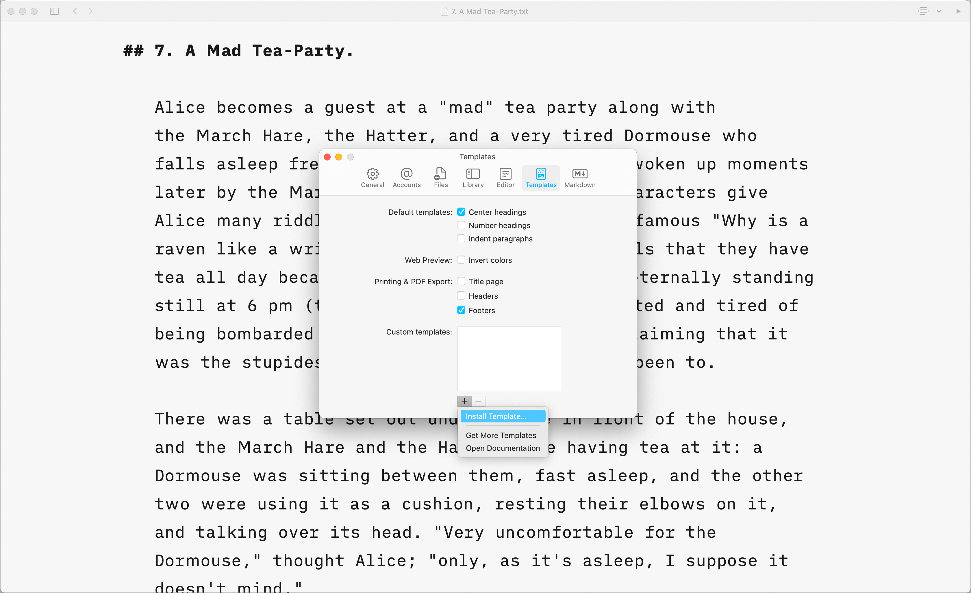A screenshot of the Templates tab from the Settings.