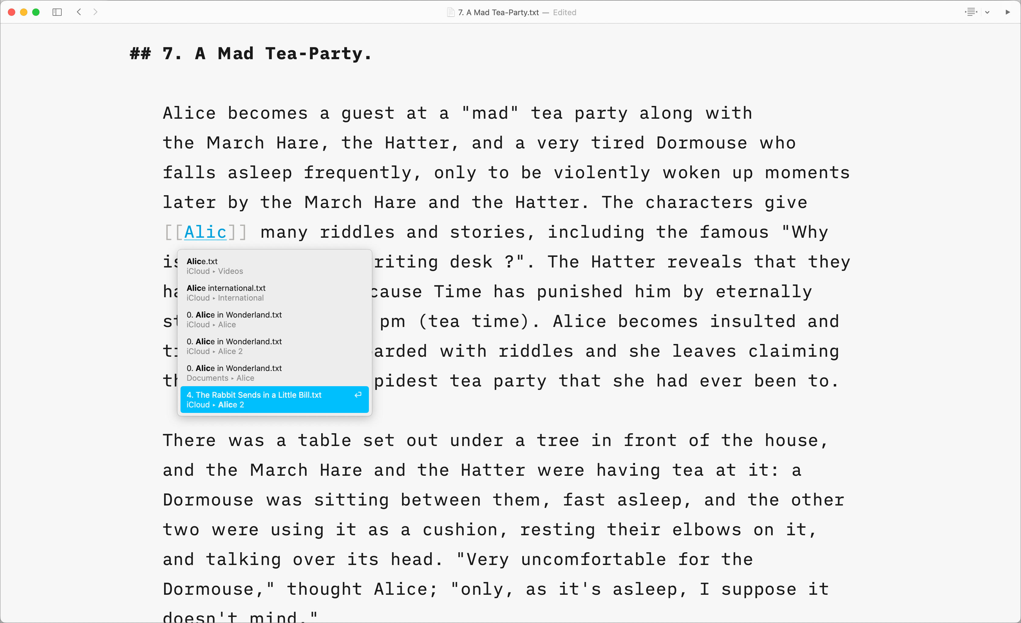 A screenshot of a text in the Editor with a context menu open, displaying a selection of different files.