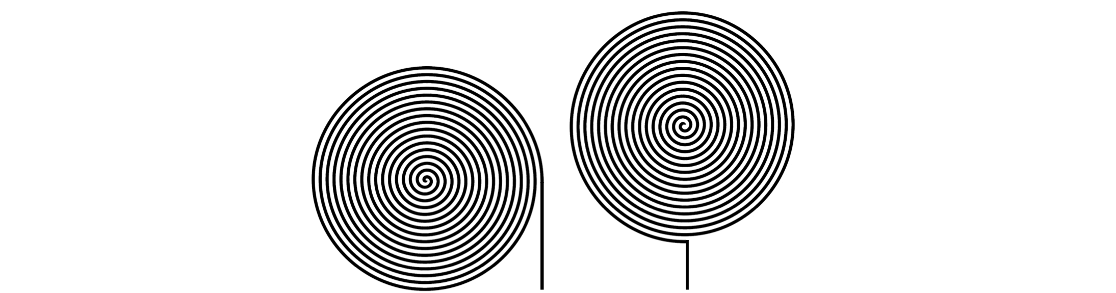 Two black spiral patterns side by side on a light background, each spiral ending with a straight line extending downward.