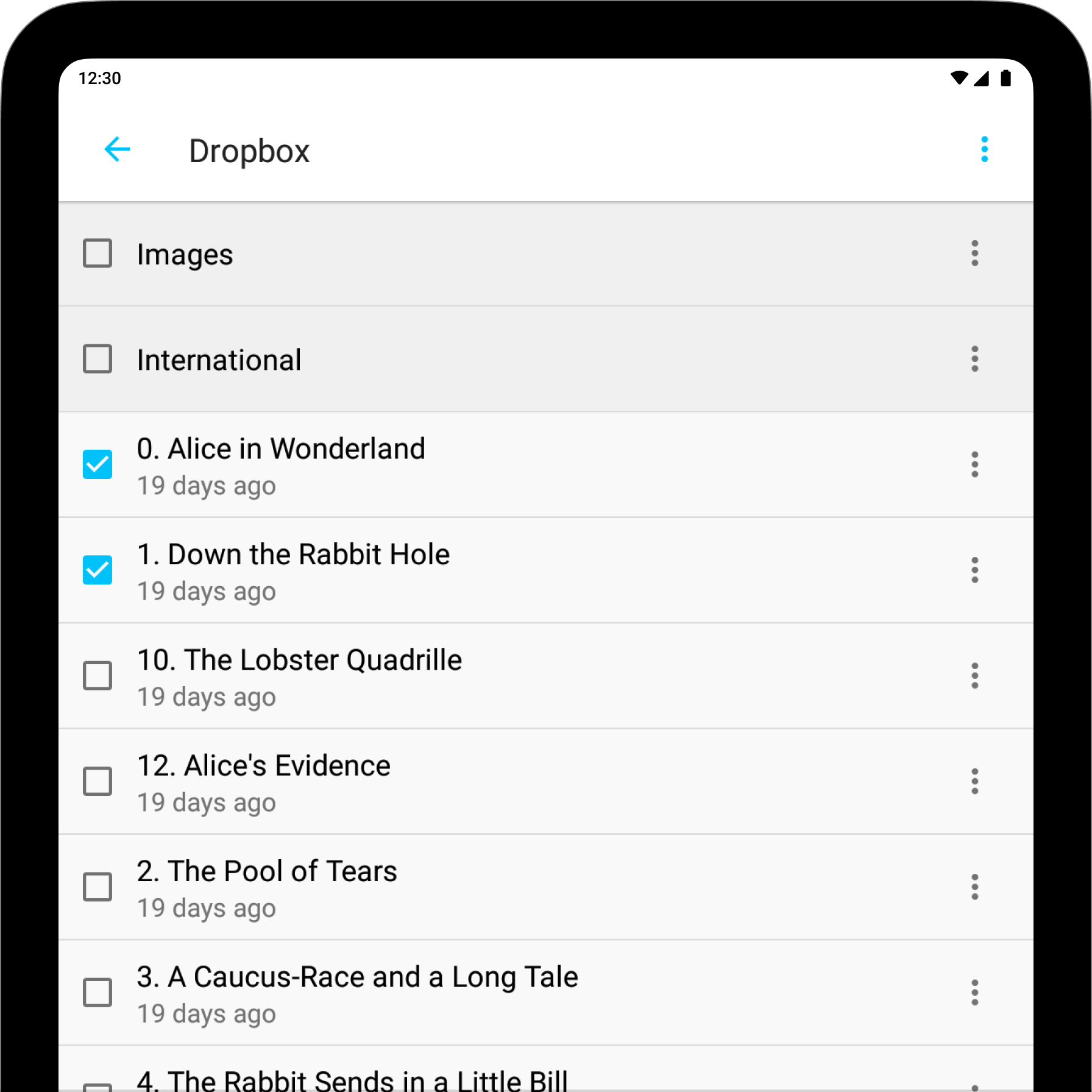 A screenshot of the Dropbox Library menu with two files checked.