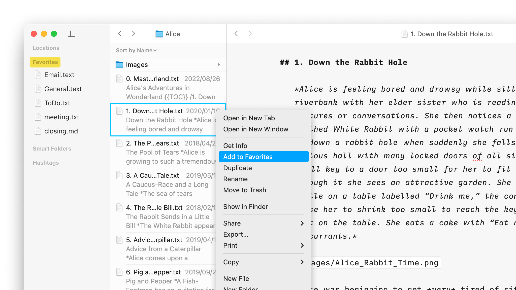 A screenshot of the Library with a close-up of the context menu showing the option to add a file to Favorites.