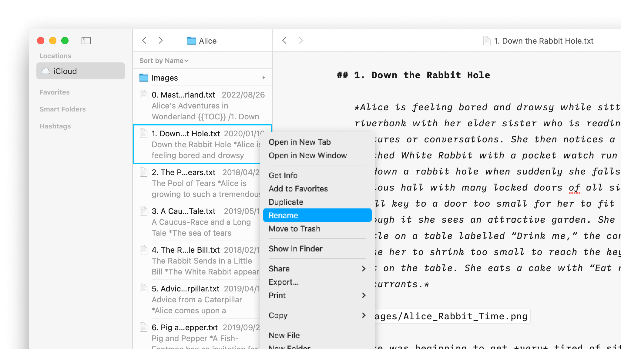 A screenshot of a context menu opened from a file in the Library, with the 