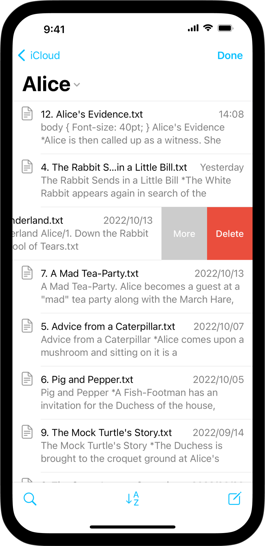A screenshot of the Files List with one file swiped left, revealing a grey 
