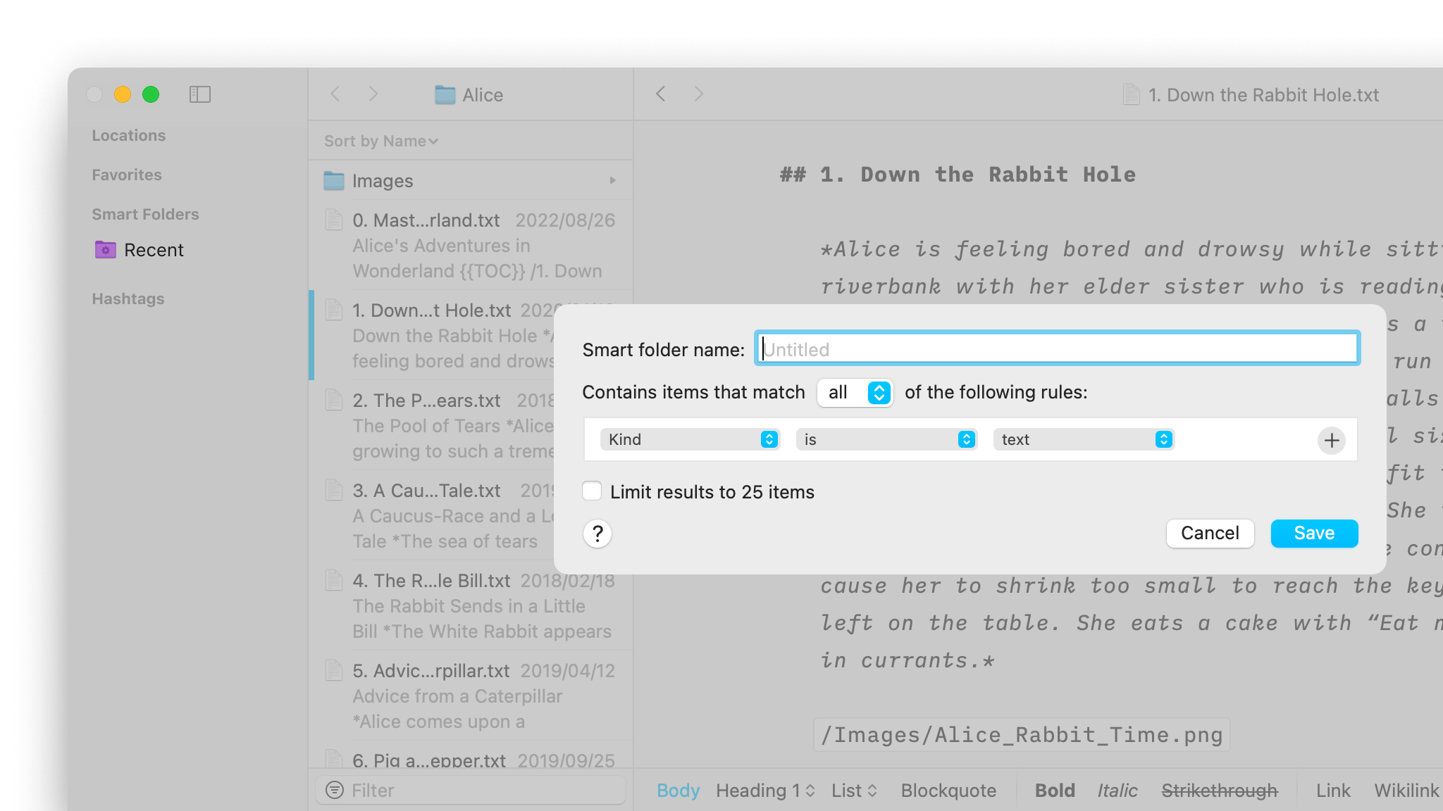 A screenshot of the Smart Folder pop-up window.