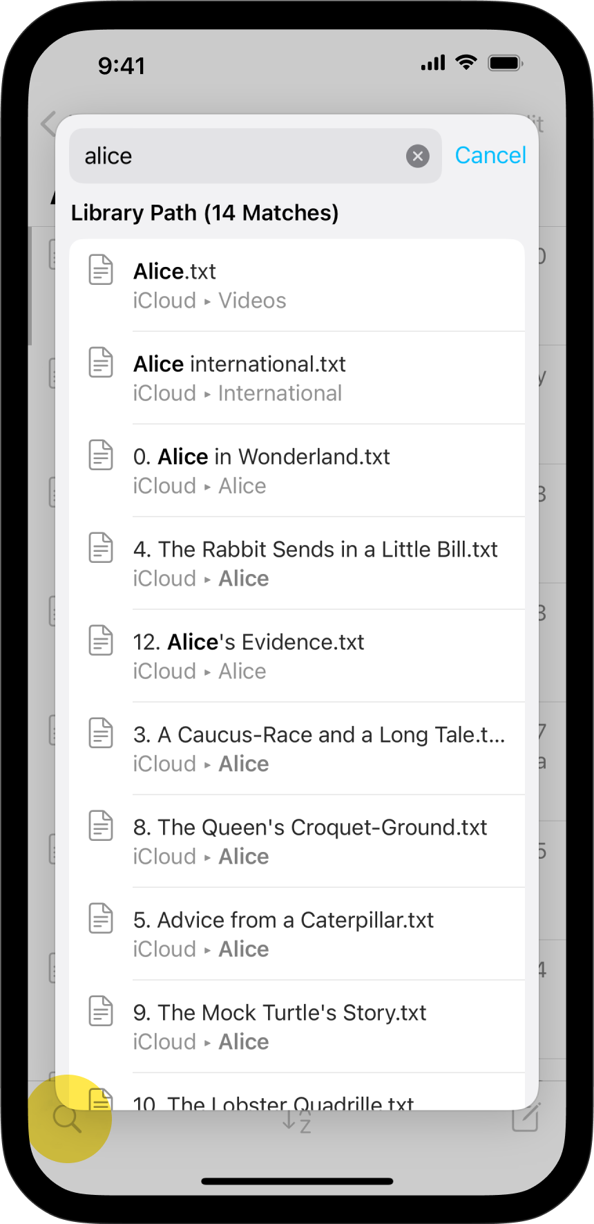 A screenshot of a pop-up menu opened from the Search icon on the bottom-left in the Library.