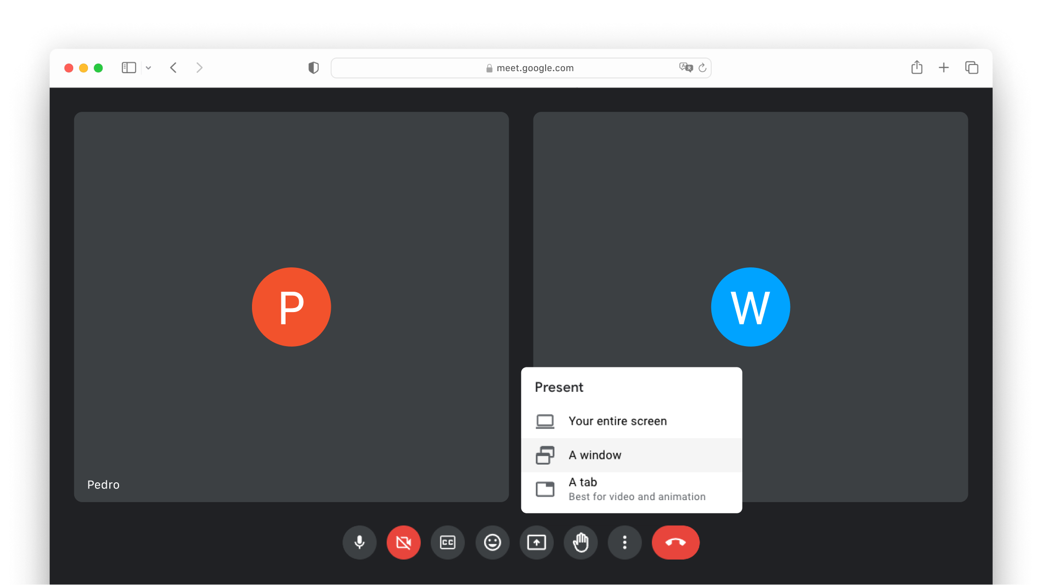 The Google Meet interface with the screen share window option selected.