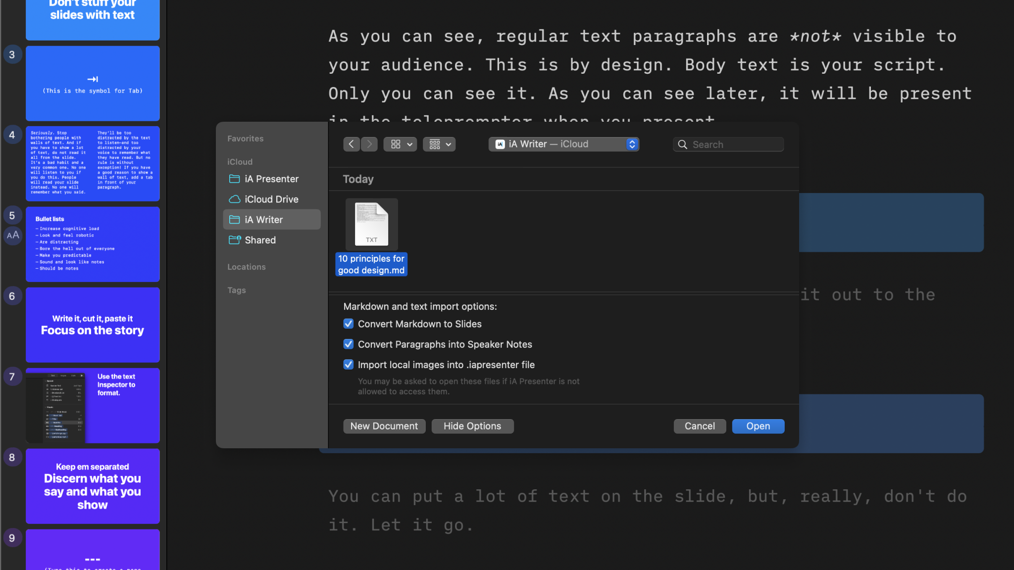 File import dialog in iA Presenter showing a selected text file titled 