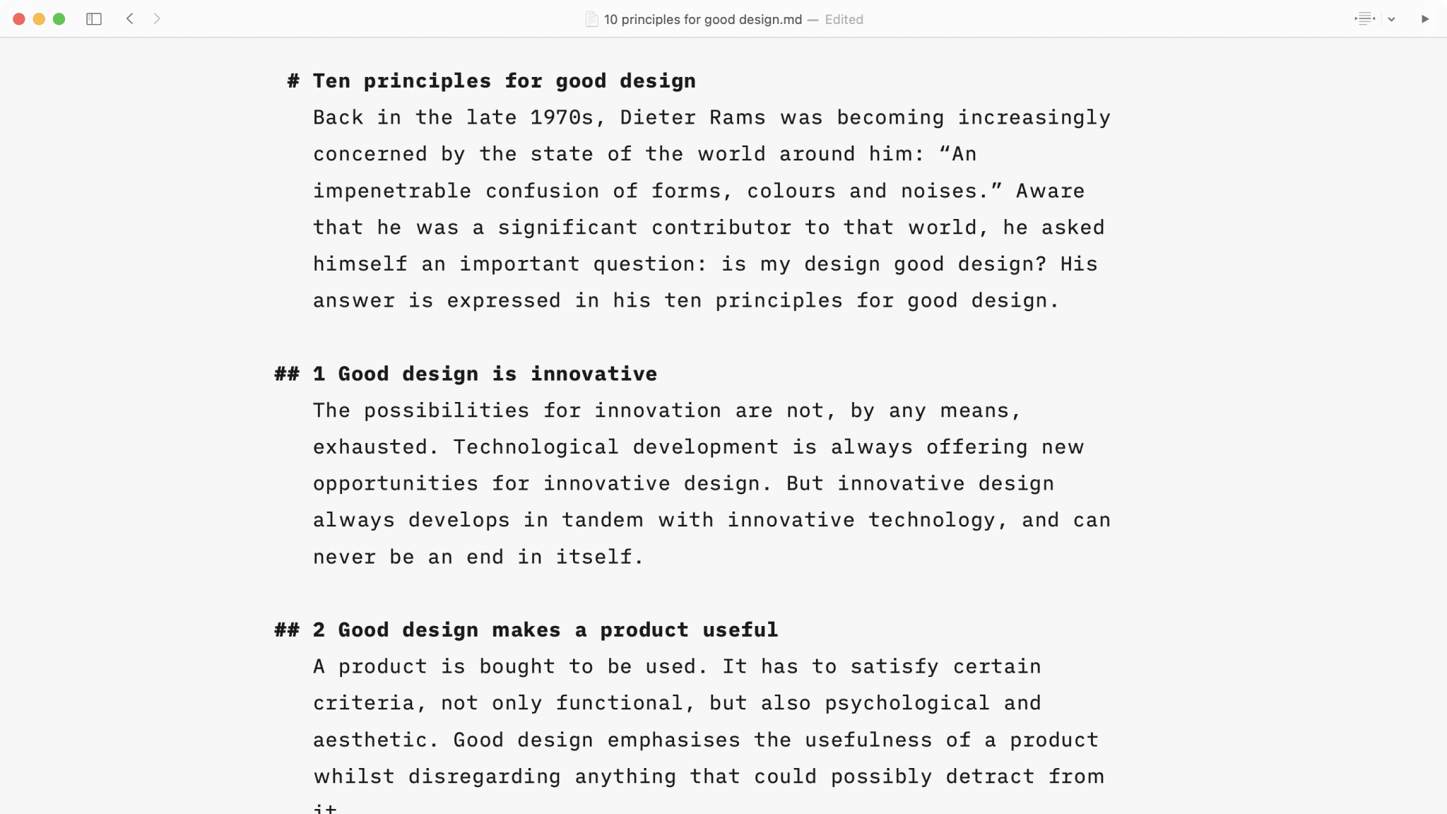 Screenshot of a Markdown file in iA Writer with headers and body text.