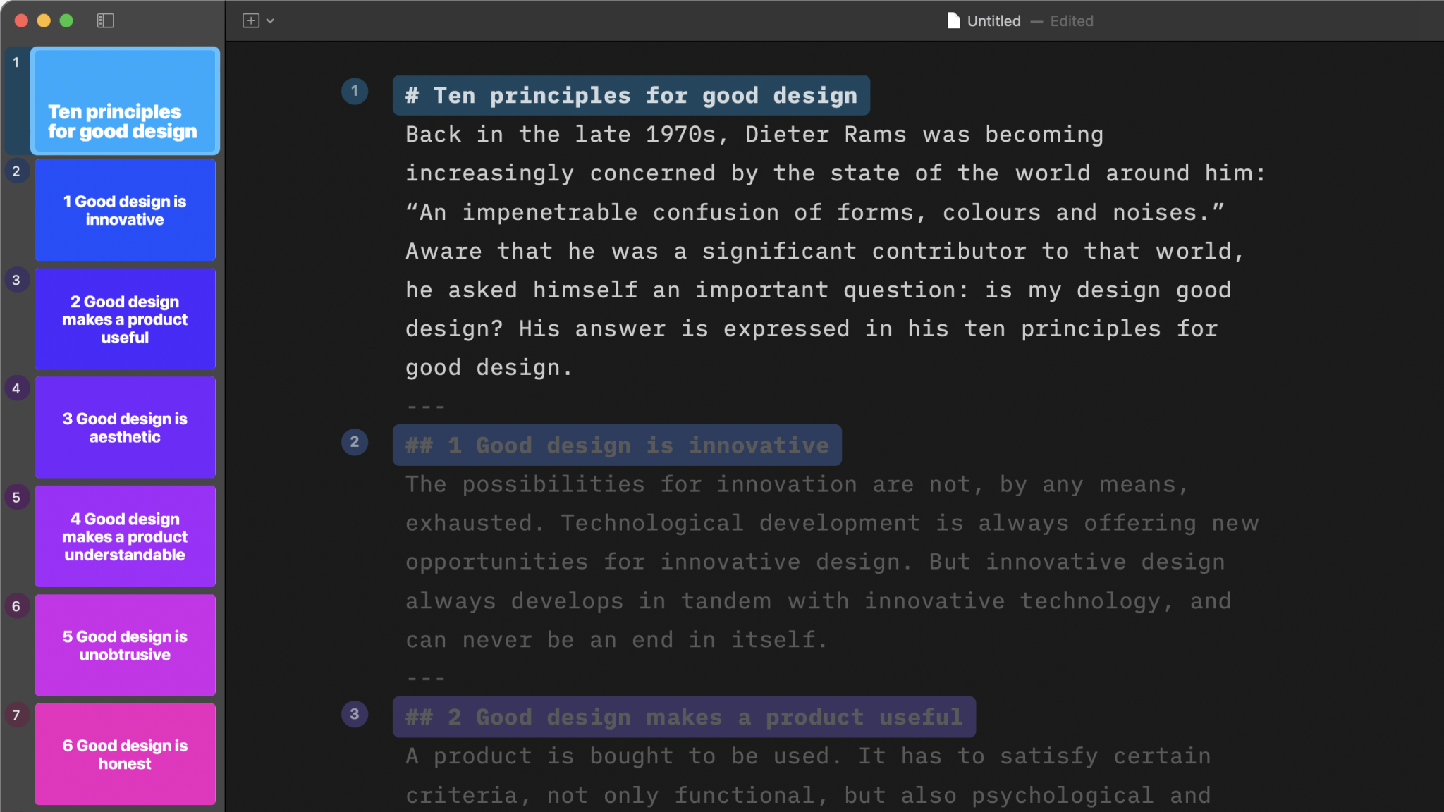 Screenshot of the same file imported in Presenter with slides cut after each headers.