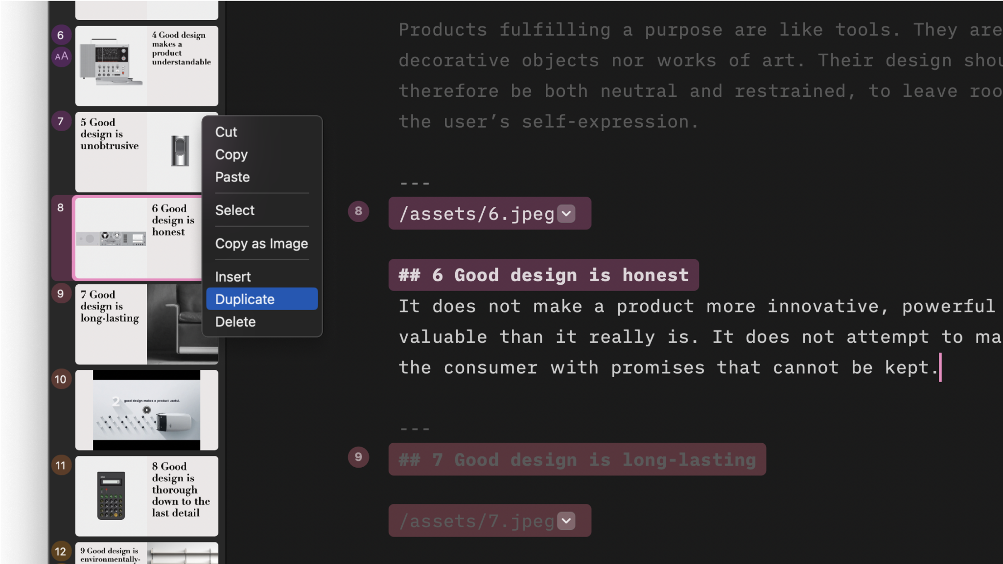 Screenshot showing how to duplicate a slide from its thumbnail.