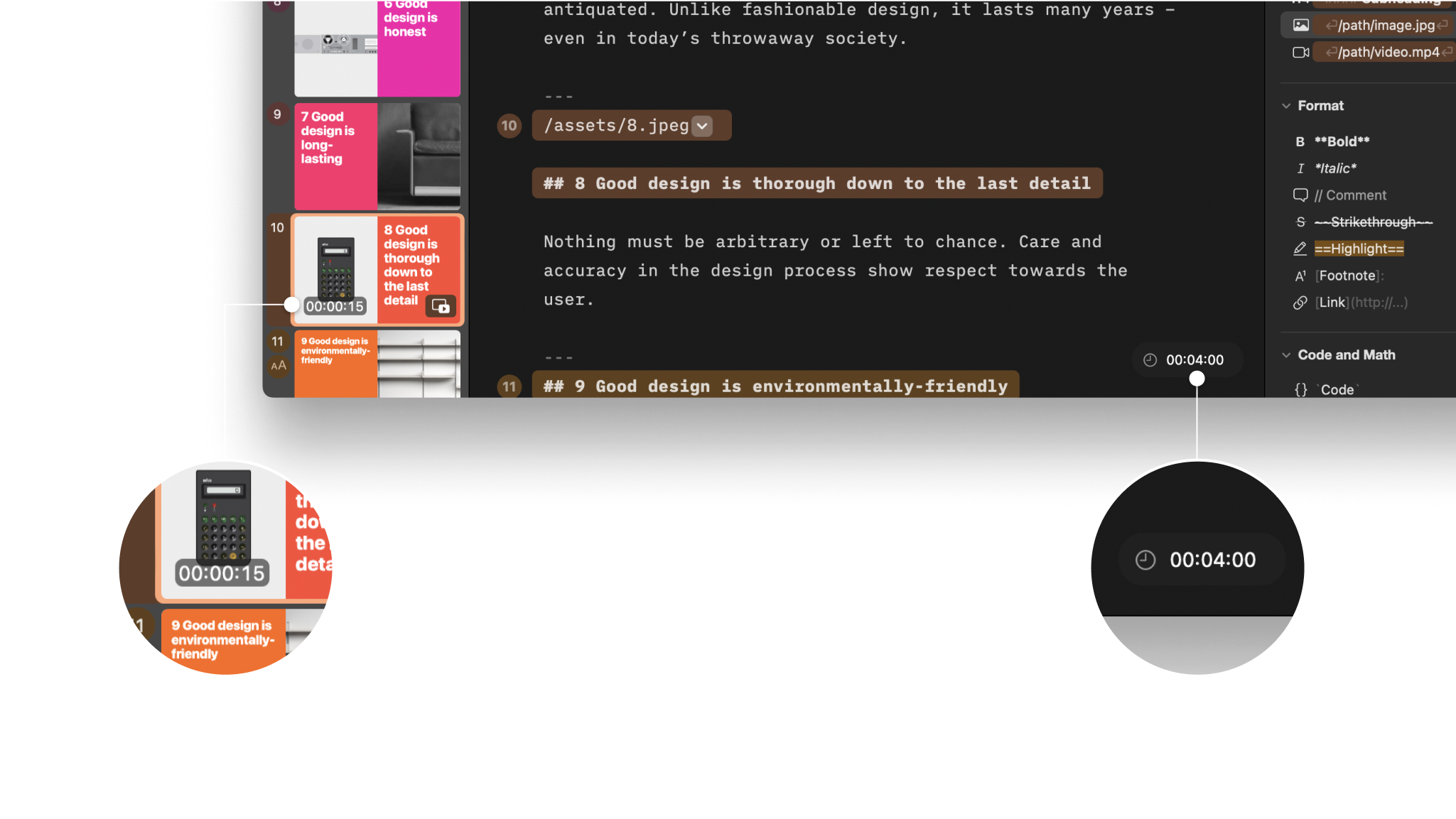 Screenshot showcasing the slide's timer in the Thumbnail panel and the general presentation's timer.