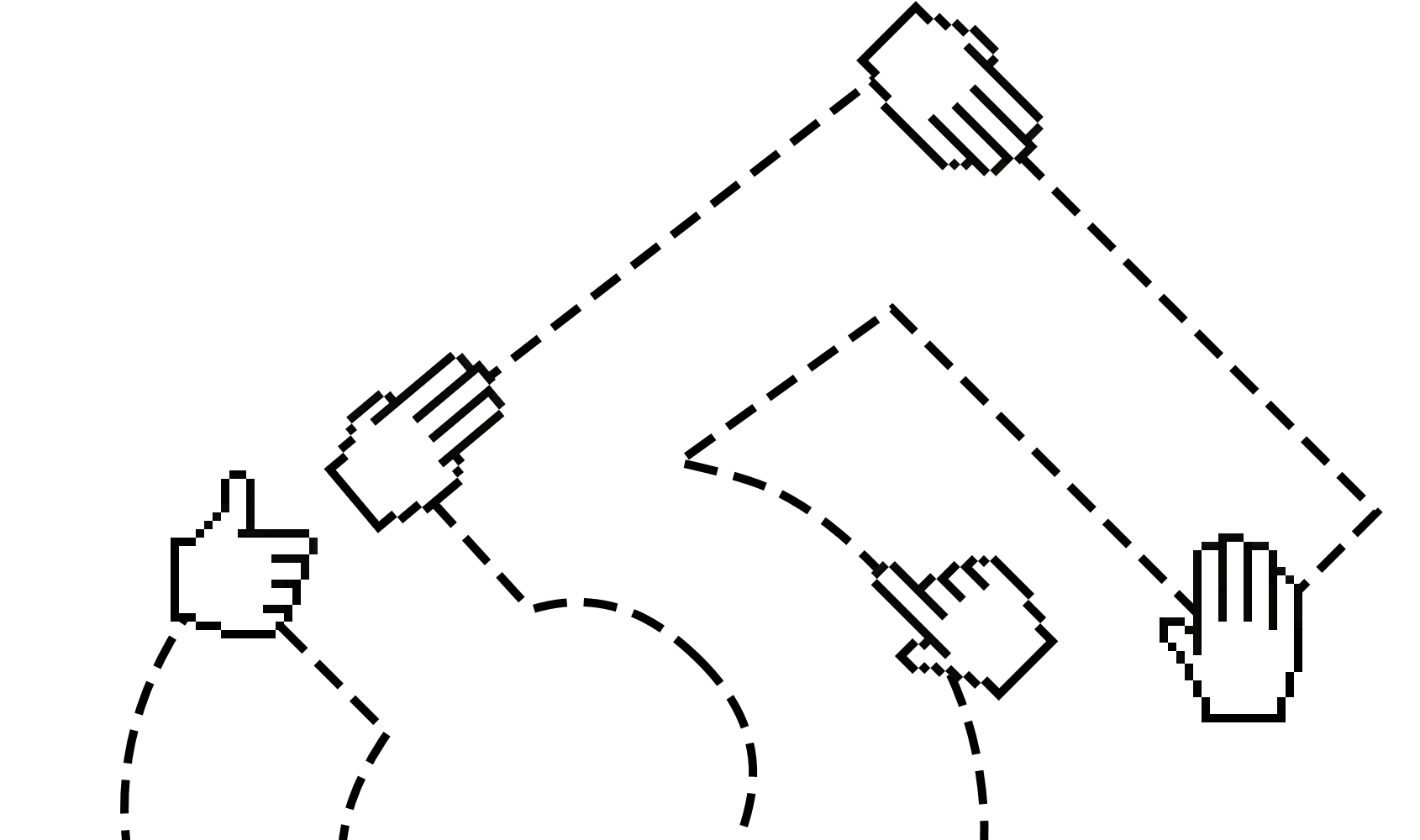 Illustration on an orange background showing pixel-style white cursor hands and a thumbs-up icon connected by dashed black lines in a looping path.