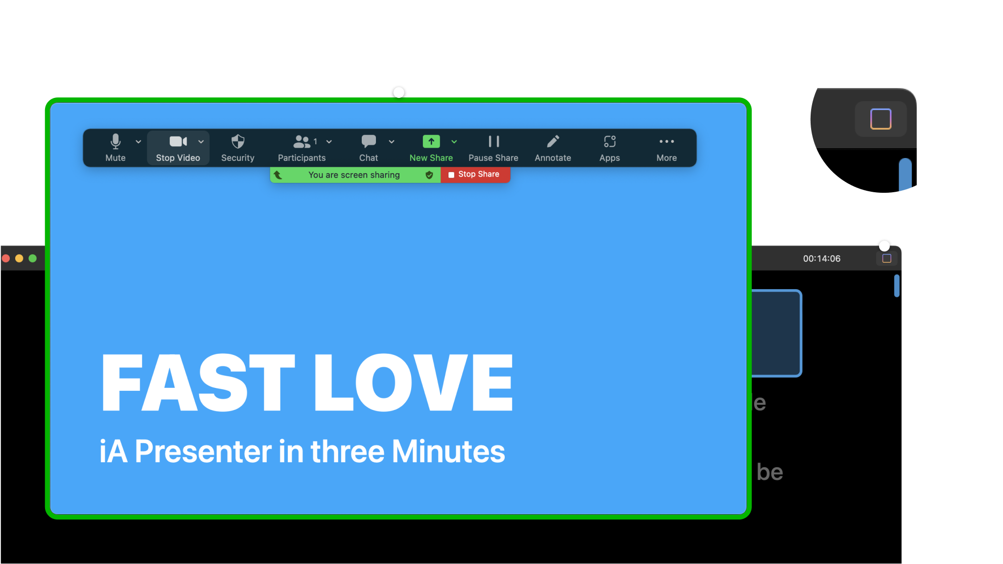 The Zoom interface with slides being shared, and in the background, another window displaying the Presentation Mode of Presenter.