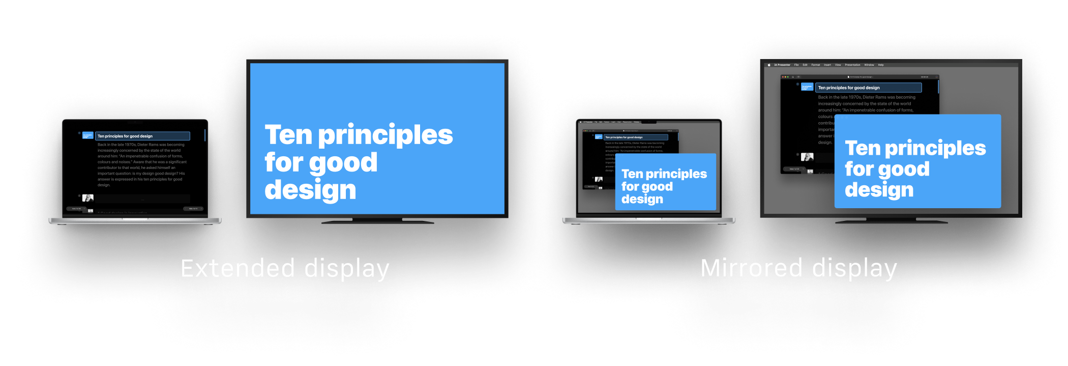 A presentation shown in two images comparing screen mirroring and extended display modes.