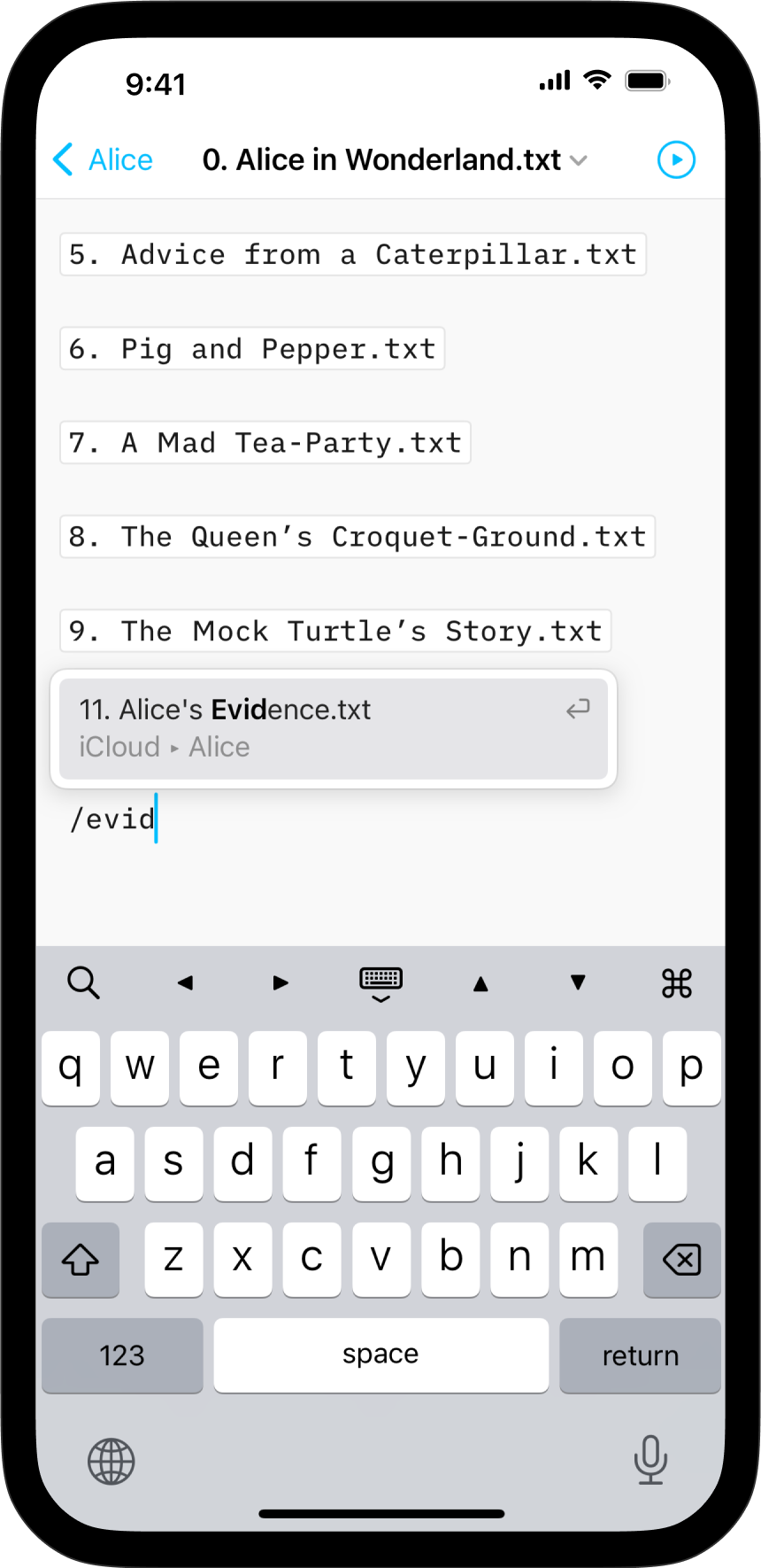 A screenshot of the Editor with a context menu open to add a file as Content Block following a word entered after a slash.