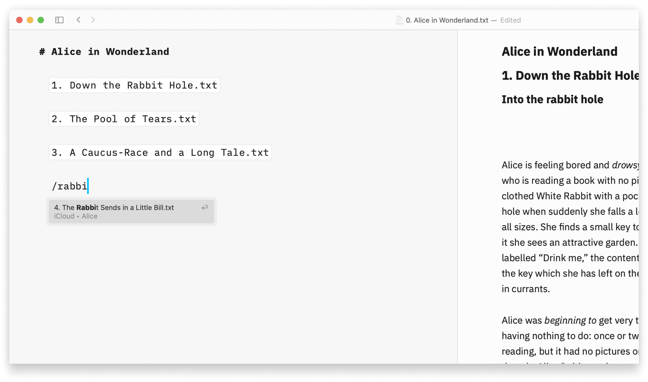 A screenshot of the Editor where the name of a file is being typed to be included as a Content Block.