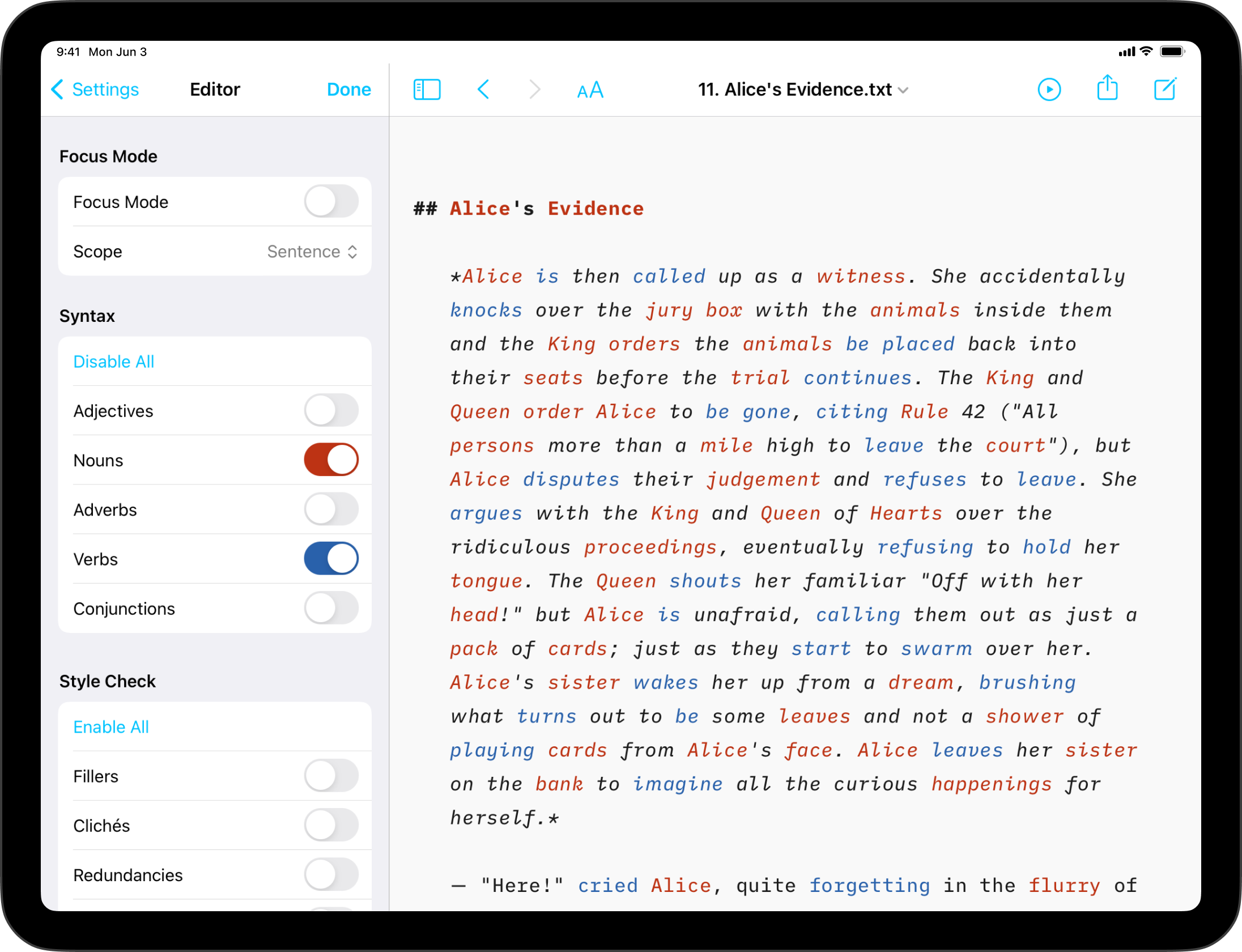 A screenshot of a text in iA Writer with parts of speech highlighted in different colors.