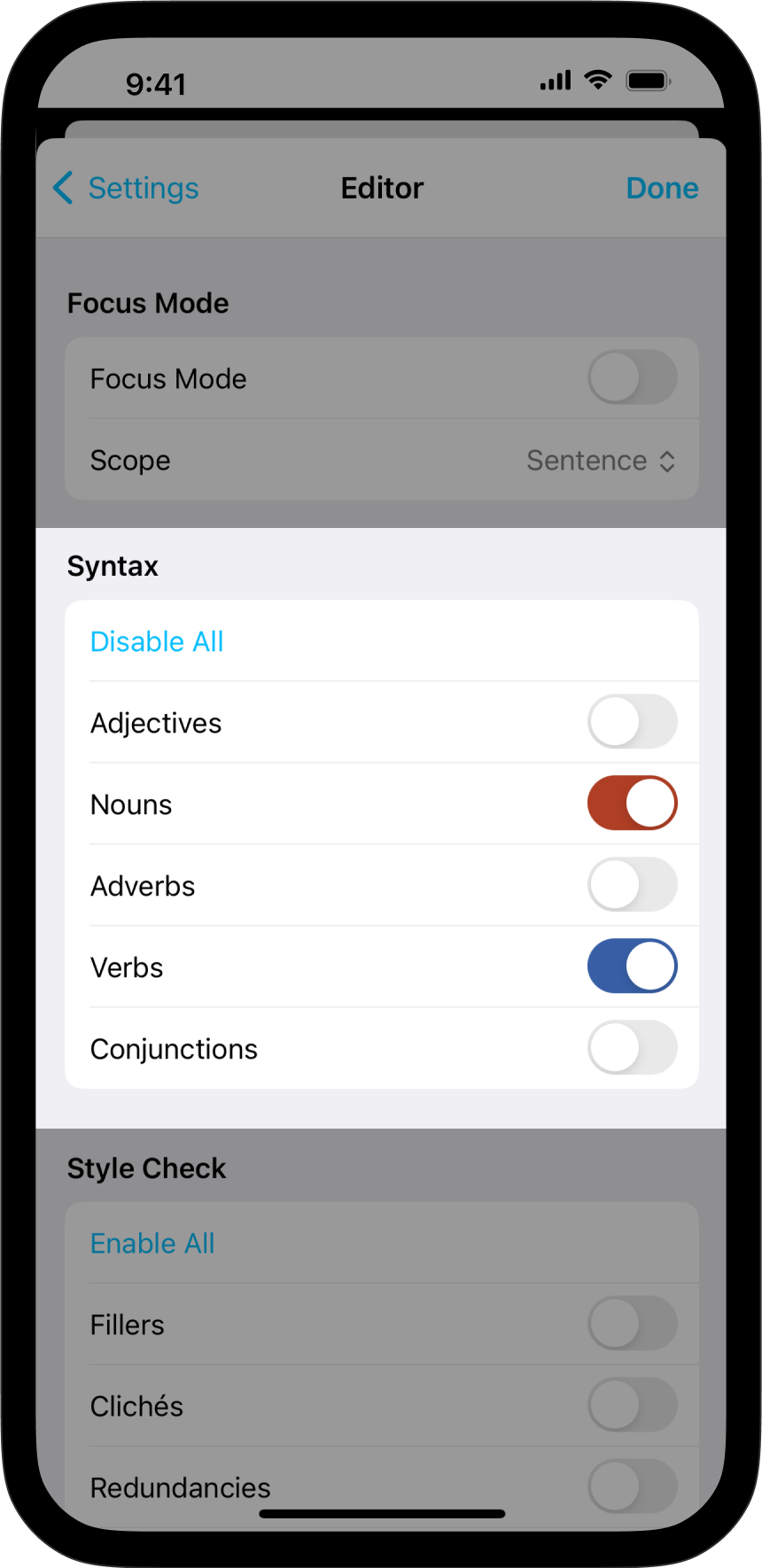 A screenshot of the Syntax Highlight section in the Editor's menu.