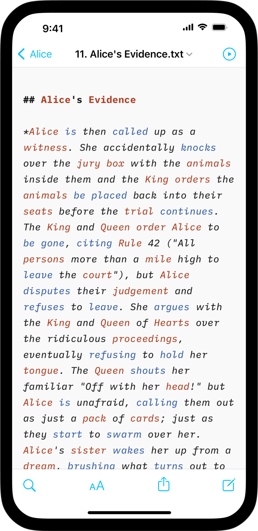 A screenshot of a text in iA Writer with parts of speech highlighted in different colors.