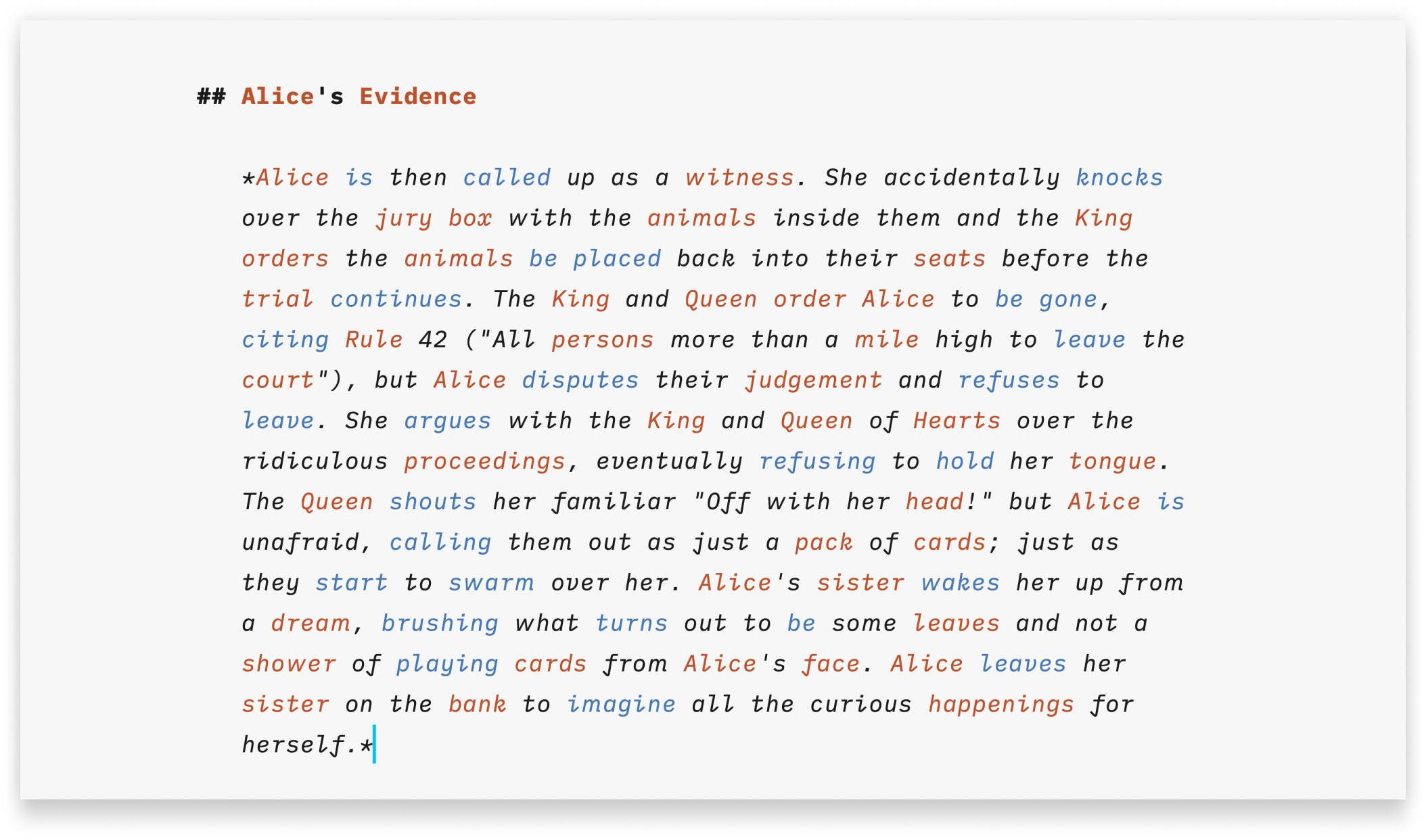 A screenshot of a text in iA Writer with parts of speech highlighted in different colors.