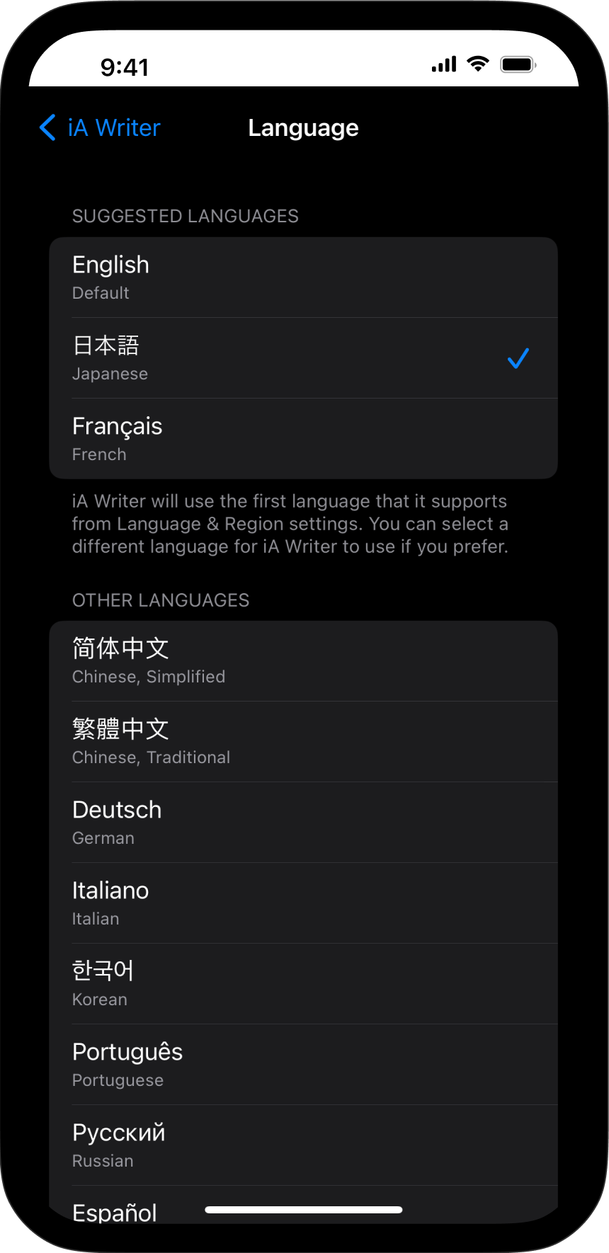 A screenshot of iOS System Settings showing the language change options for iA Writer.