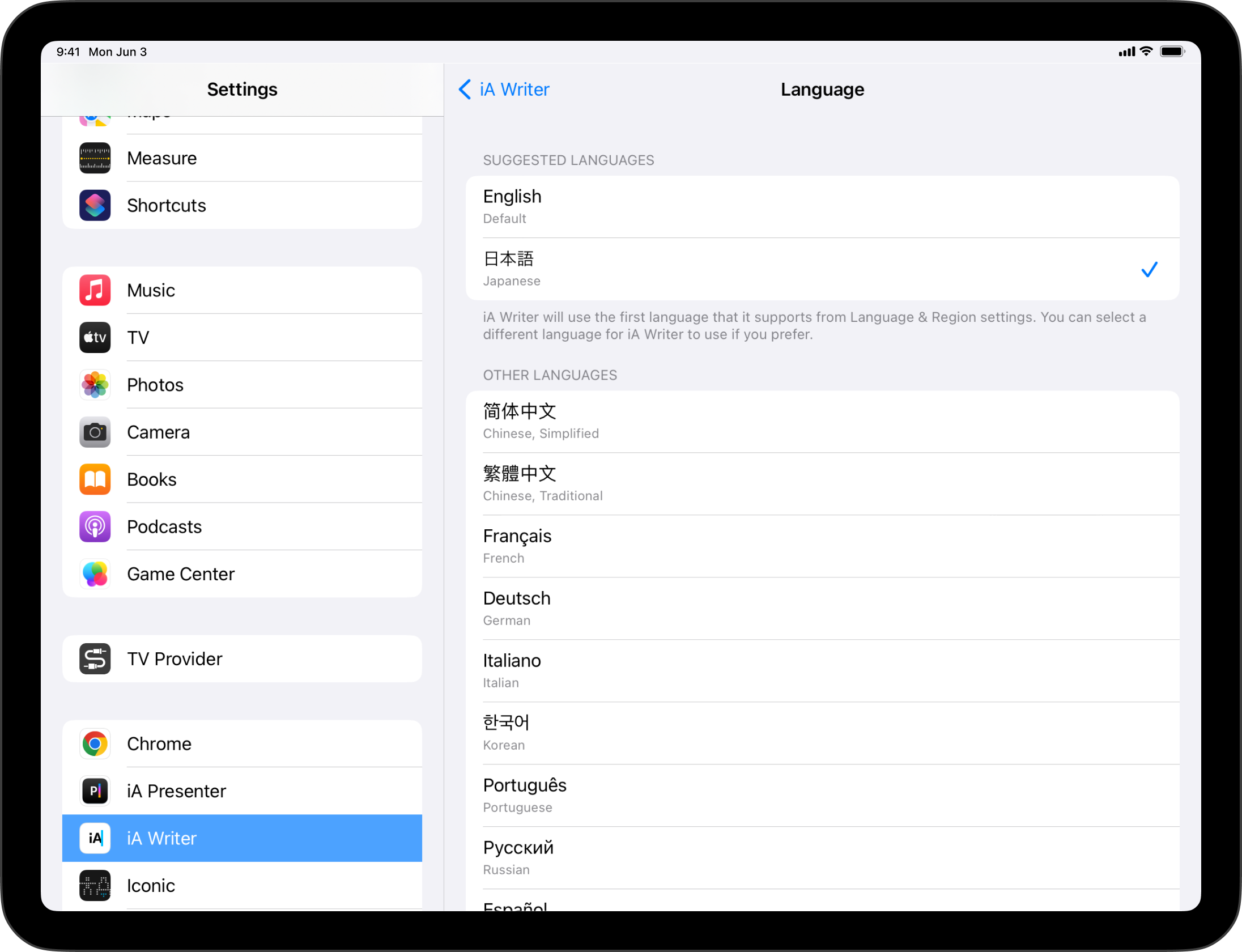 A screenshot of iPadOS System Settings showing the language change options for iA Writer.