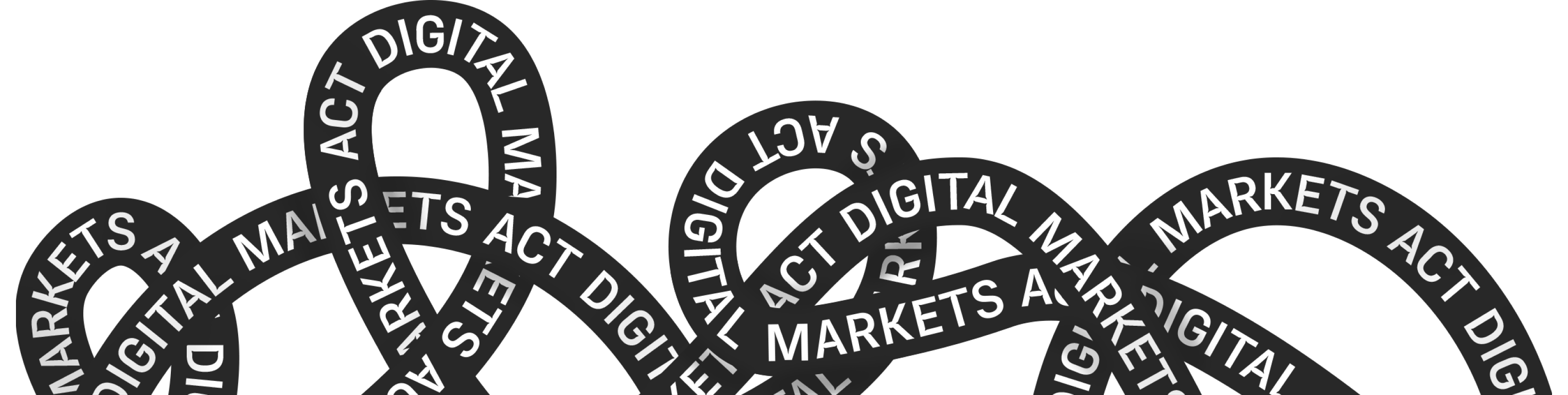Black looping ribbons with the repeated white text “DIGITAL MARKETS ACT” twisting and overlapping on a light gray background.