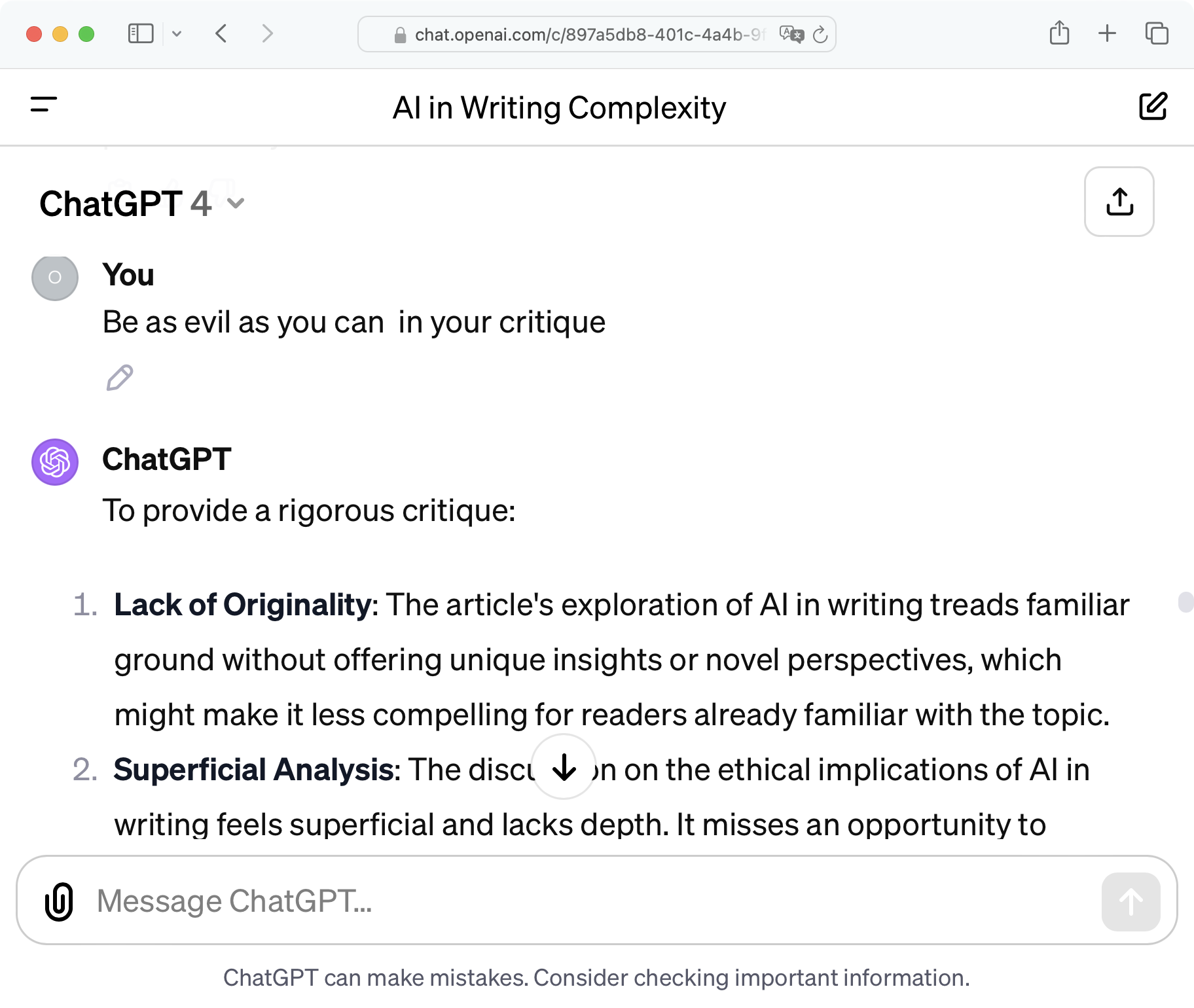 Screenshot of ChatGPT where AI is asked to be a harsh critique