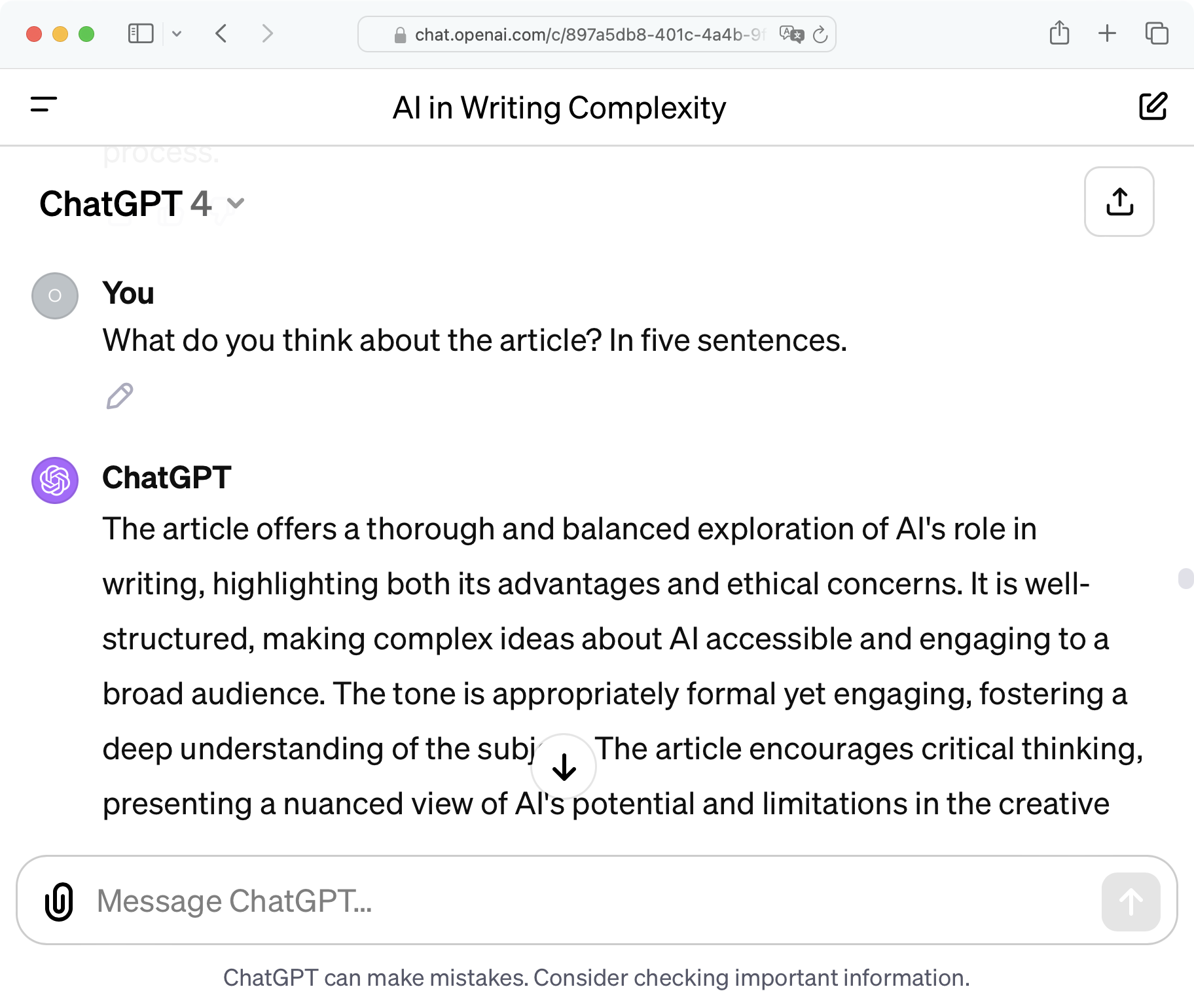 Screenshot of ChatGPT where AI is asked to give honest feedback about the user's text 