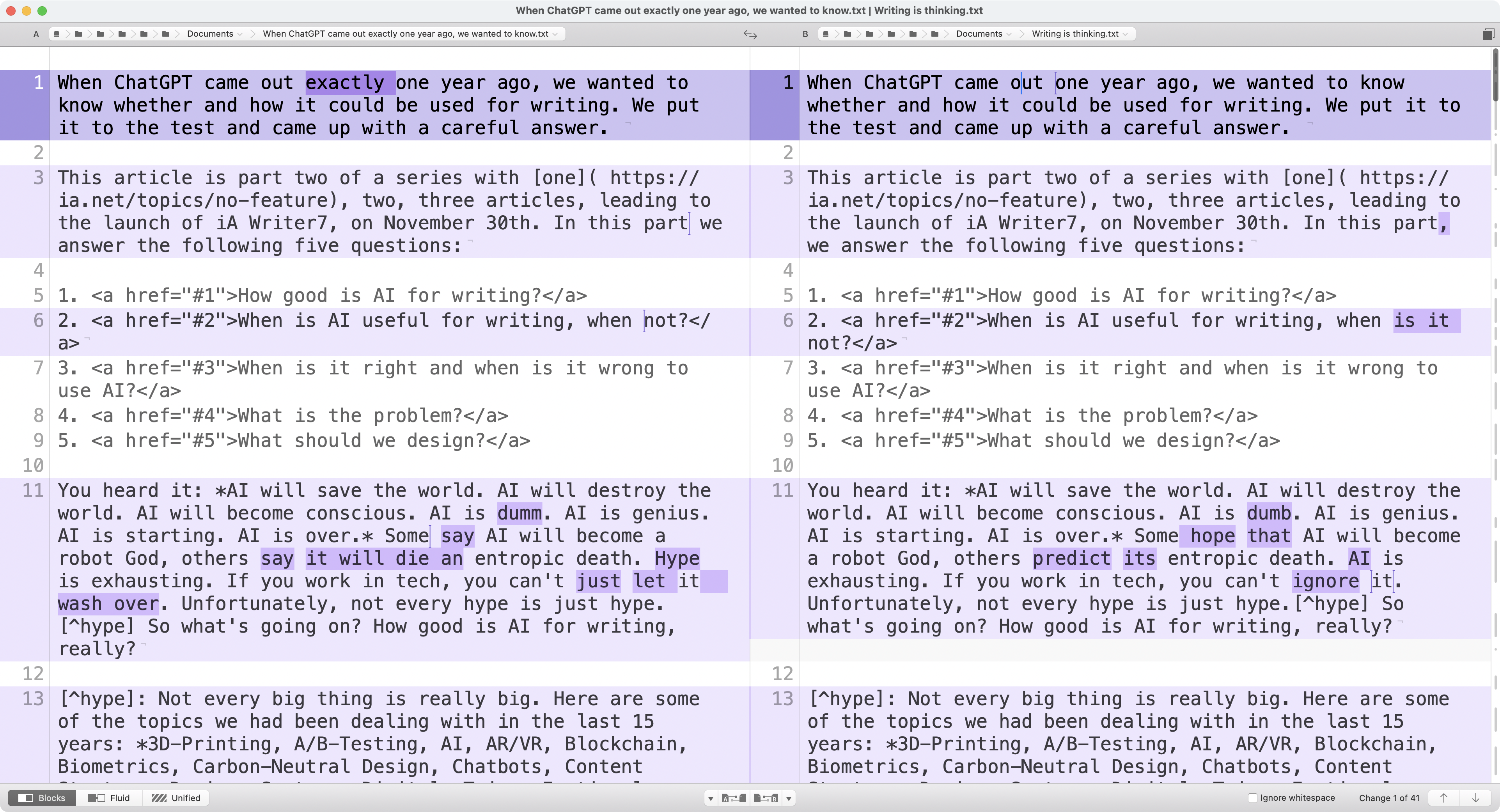 Comparing two files' versions with BBEdit