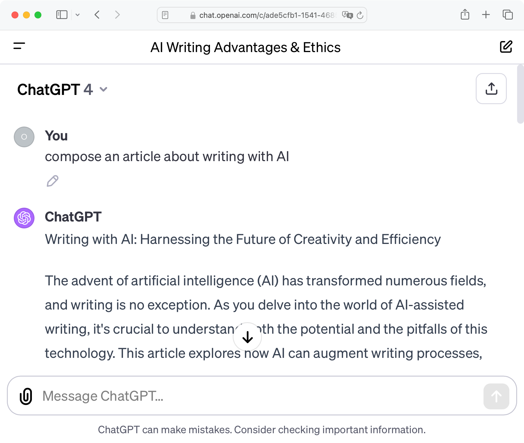 Screenshot of ChatGPT being asked to write an article.